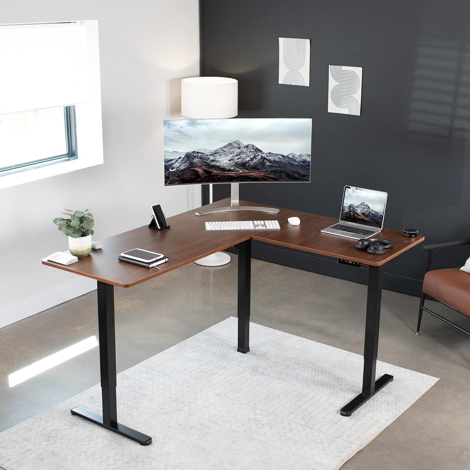 VIVO Dark Walnut / Black Electric 63" x 55" Corner Desk, L-Shaped Workstation