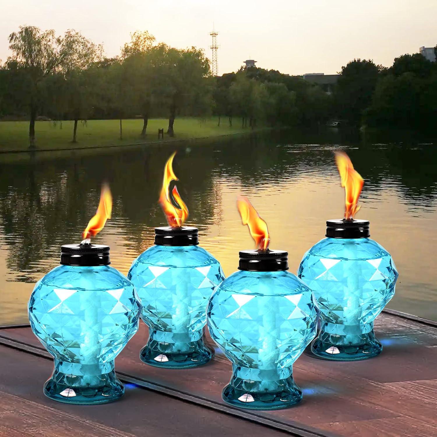 TRAHOO-4 Pack Glass Table Top Light Torches for Outside, Easy to Refill Glass Citronella Torches Outdoor Lanterns, Wick and Cap Included Torch for Garden Patio Yard Party