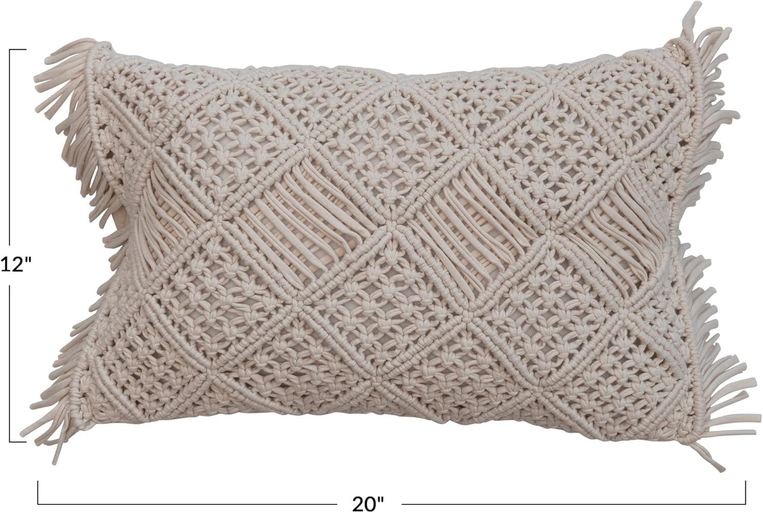 Creative Co-Op Boho Handwoven Cotton Macramé Lumbar Pillow with Fringe, Ivory