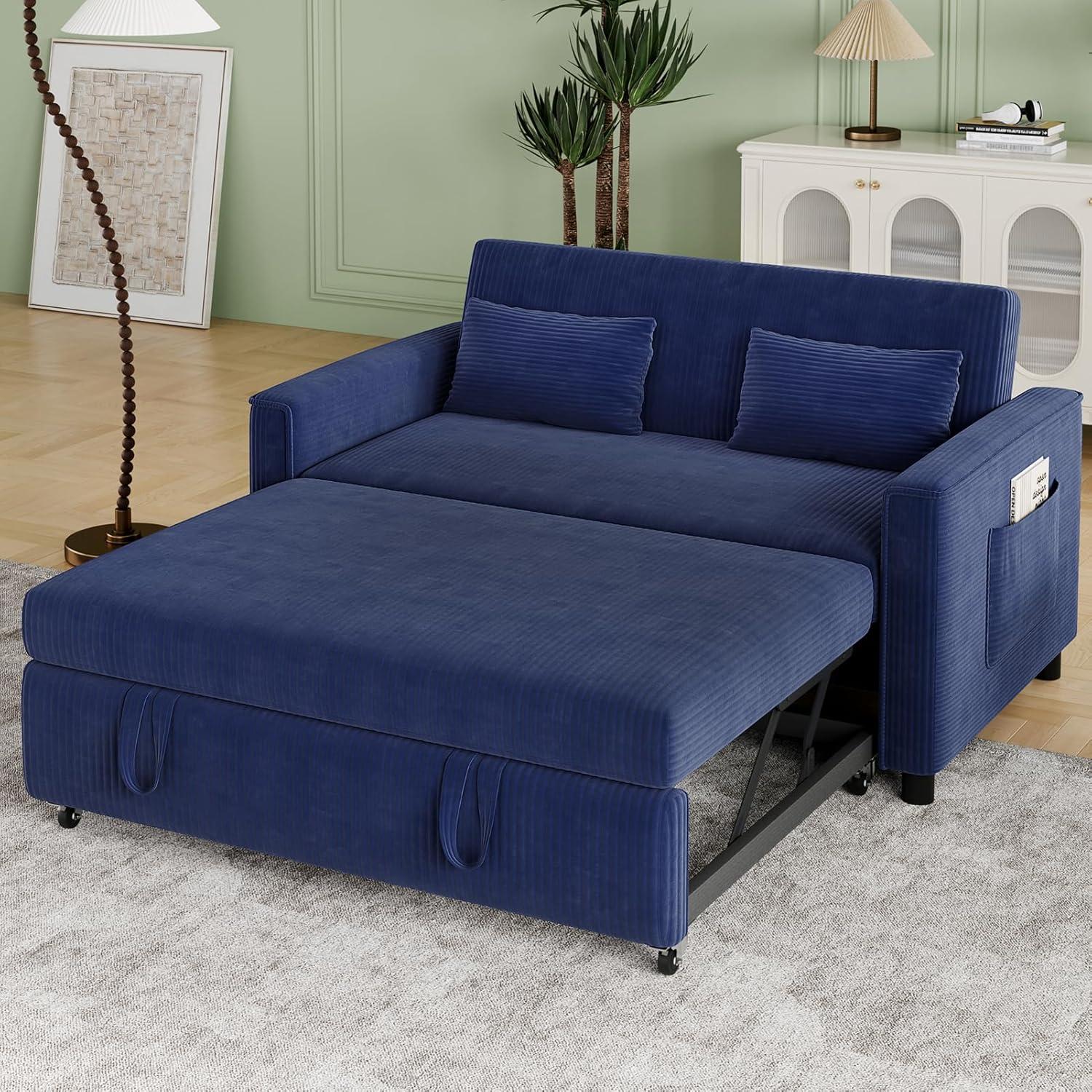 55" Modern Loveseat with Pull Out Bed, 3 in 1 Convertible Velvet Sleeper Sofa Bed with Adjustable Backrest & 2 Pillows, 2 Detachable Arm Pocket for Small Space, Living Room, Apartment, Blue