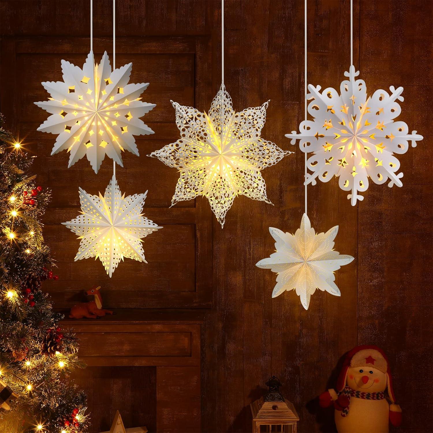 Mudder 5 Pieces Christmas Snowflake Paper Lantern with 7 Light up Star Paper 3D Hanging Lantern Lamp Party Decoration for Weddings Holiday Xmas Trees(Cute Style,White)