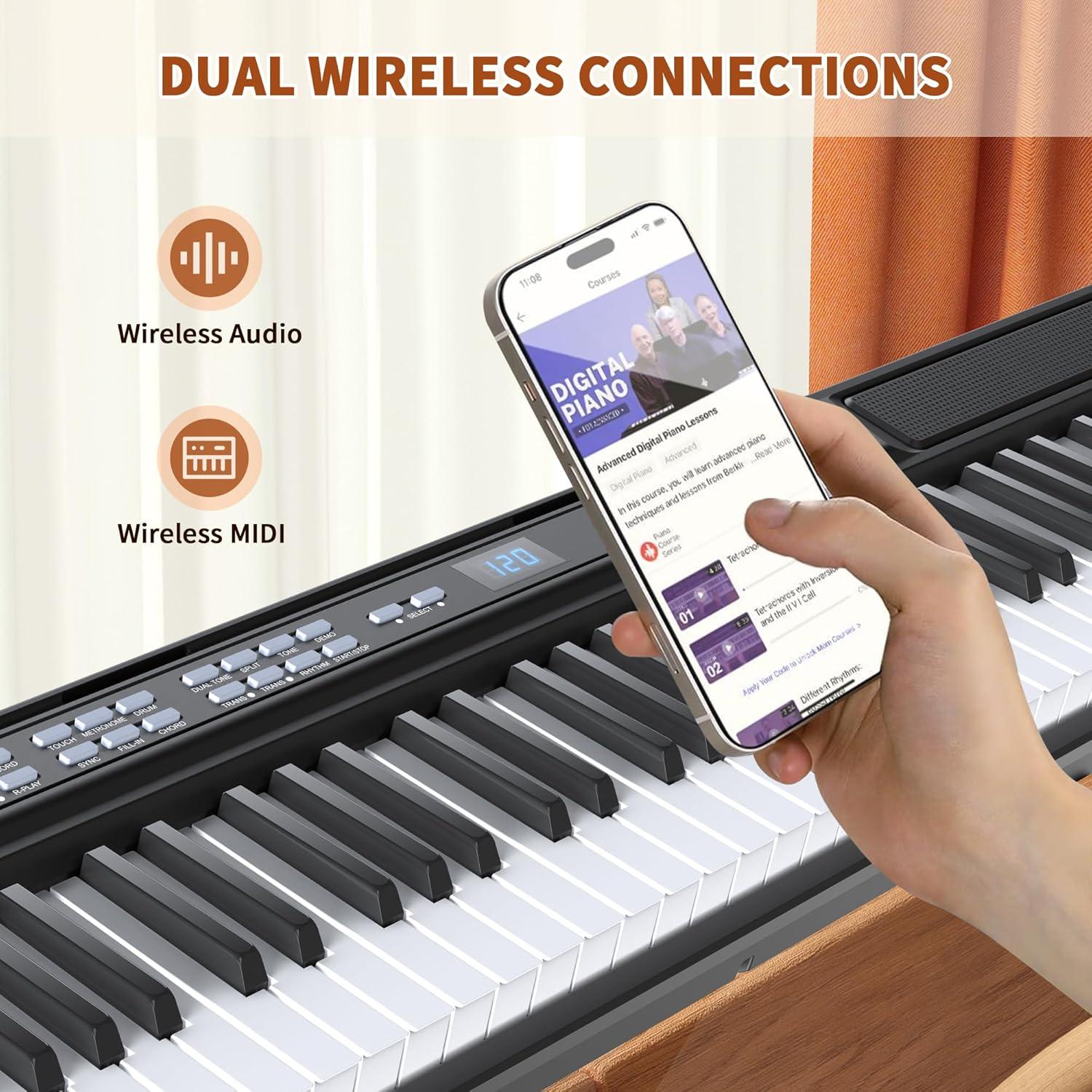 Fenbeli 61 Key Piano Keyboard with Lighted Keys Electric Keyboard Kit with Stand, Bench, Headphones, Built-in Speakers, Pink