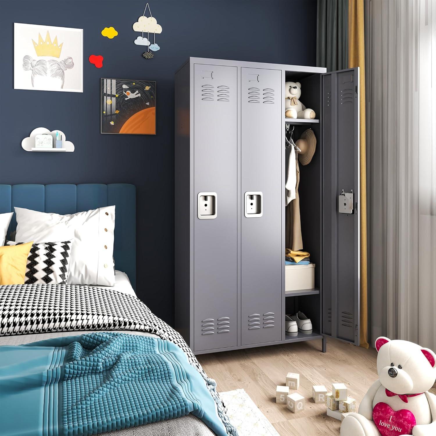 GangMei 72 inches 3 Doors Metal Storage Locker for Employees，Large Steel Combination Locker Cabinet for Gym, Living Room, School , Office with Locking Doors(Light Gray)