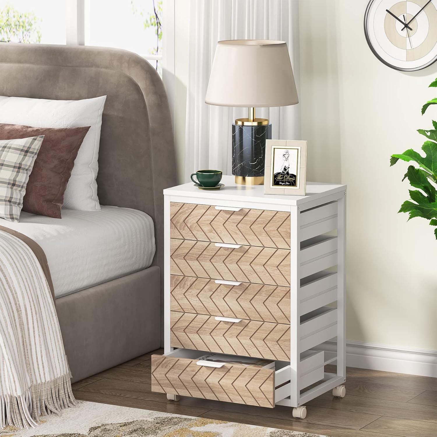 Tribesigns 5 Drawer Chest, Wood Storage Dresser Cabinet with Wheels, Industrial Storage Drawer Organizer Cart for Office Bedroom Entryway, White
