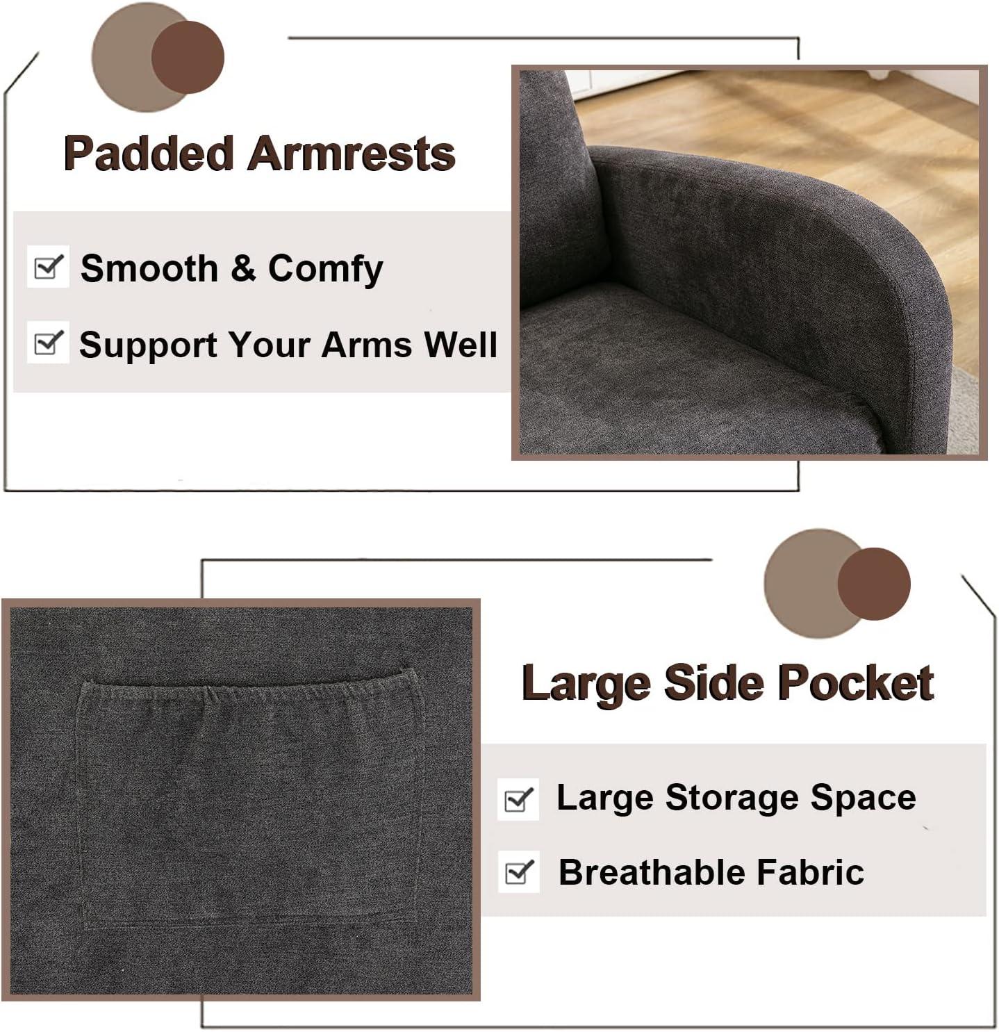 Antetek Modern Accent Rocking Chair, Upholstered Nursery Glider Rocker, Comfy Armchair with Side Pocket, Living Room Lounge Arm Chair, High Backrest with Decorative Buttons, Dark Grey