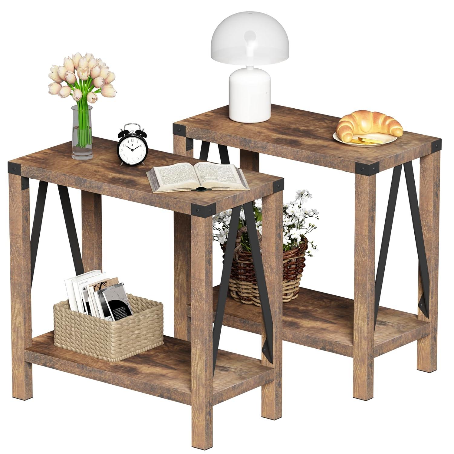 Gracie Oaks Farmhouse End Table For Small Spaces, Narrow Side End Table With Storage Shelf, Rustic A-Design Nightstand Sofa Table For Living Room, Bedroom 2 Pack