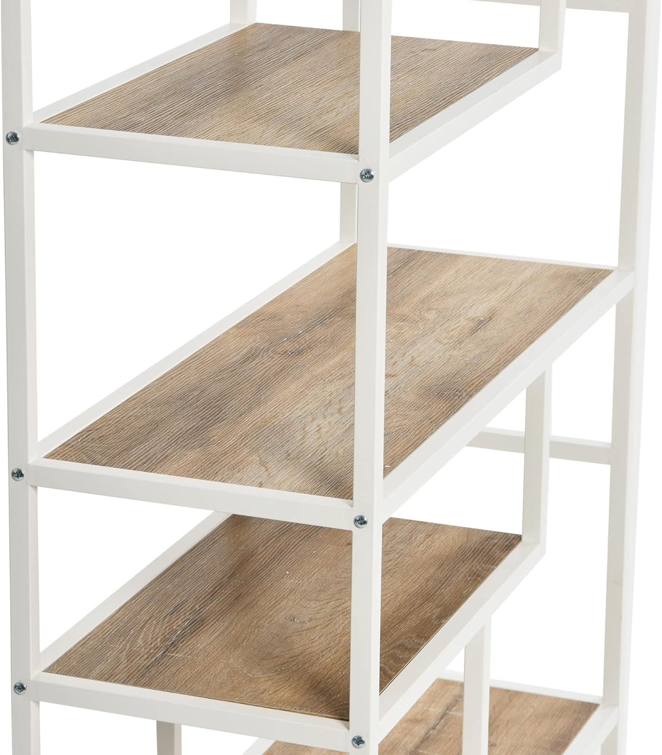 Household Essentials Jamestown Tall 6 Shelf Open Storage Bookshelf Coastal Oak Rustic Wood Grain and White Metal