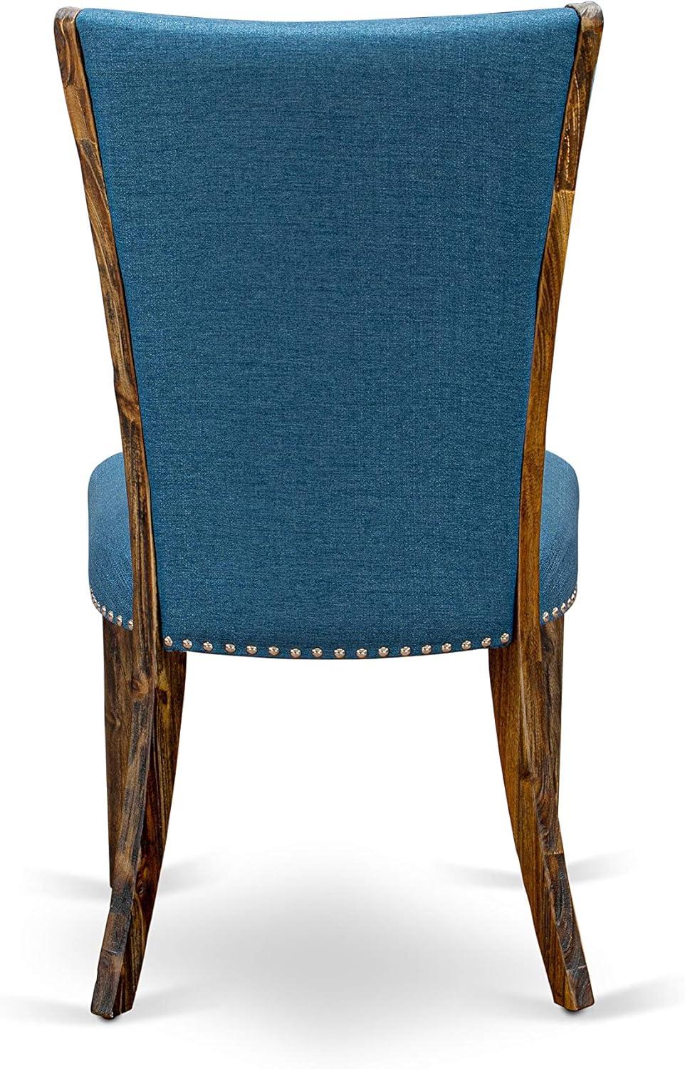 Verona Distressed Jacobean Wood Frame Dining Chair with Blue Linen Fabric Seat with Nail Head & Stylish Back - Set of 2