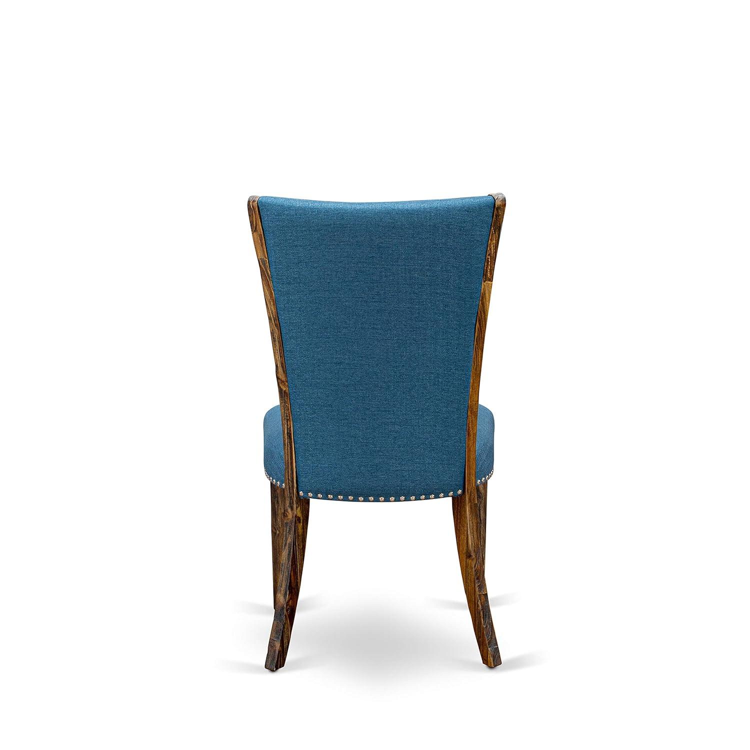 Verona Distressed Jacobean Wood Frame Dining Chair with Blue Linen Fabric Seat with Nail Head & Stylish Back - Set of 2