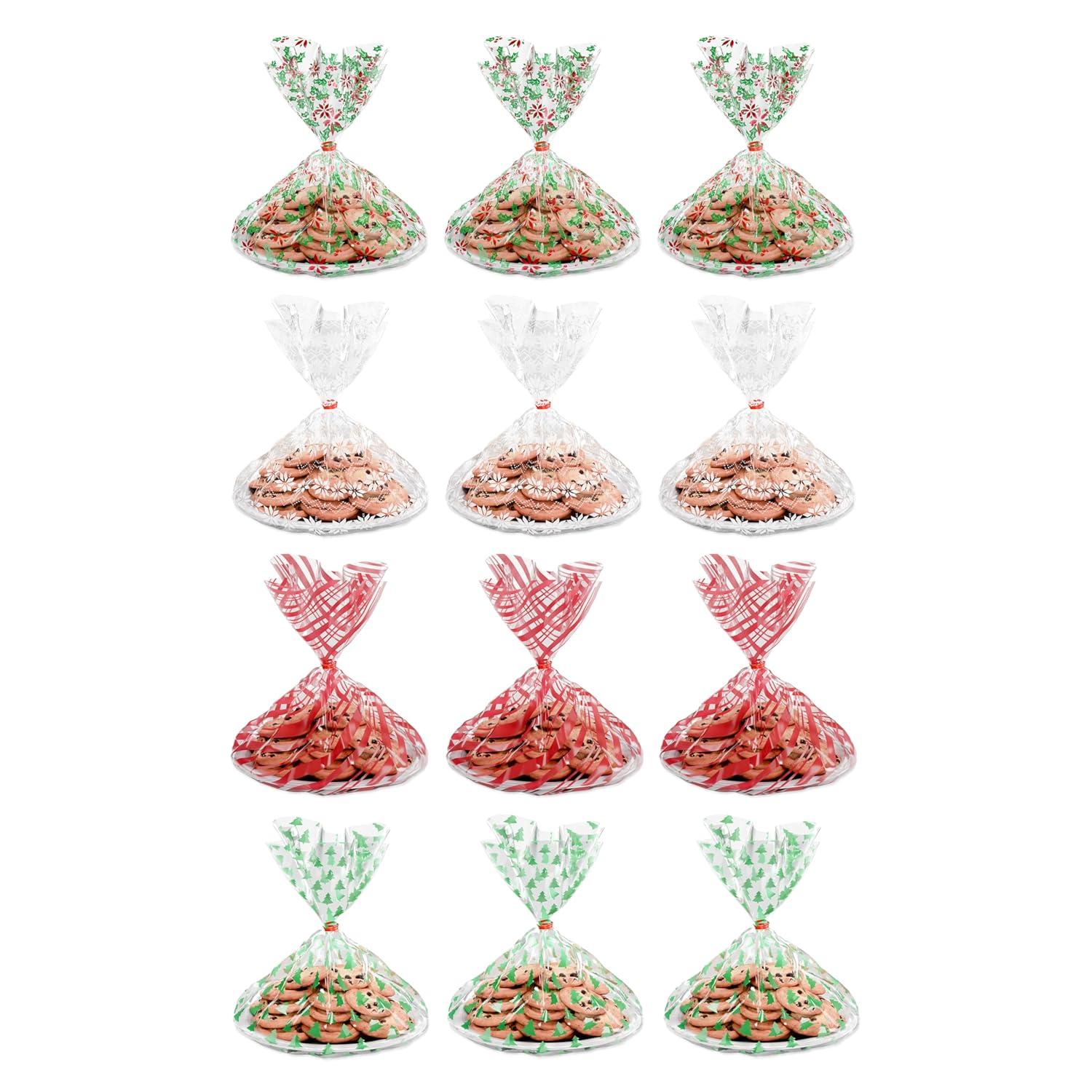 American Greetings Christmas Cellophane Cookie Tray Bags with Twist-Ties, Holiday Patterns (12-Count)