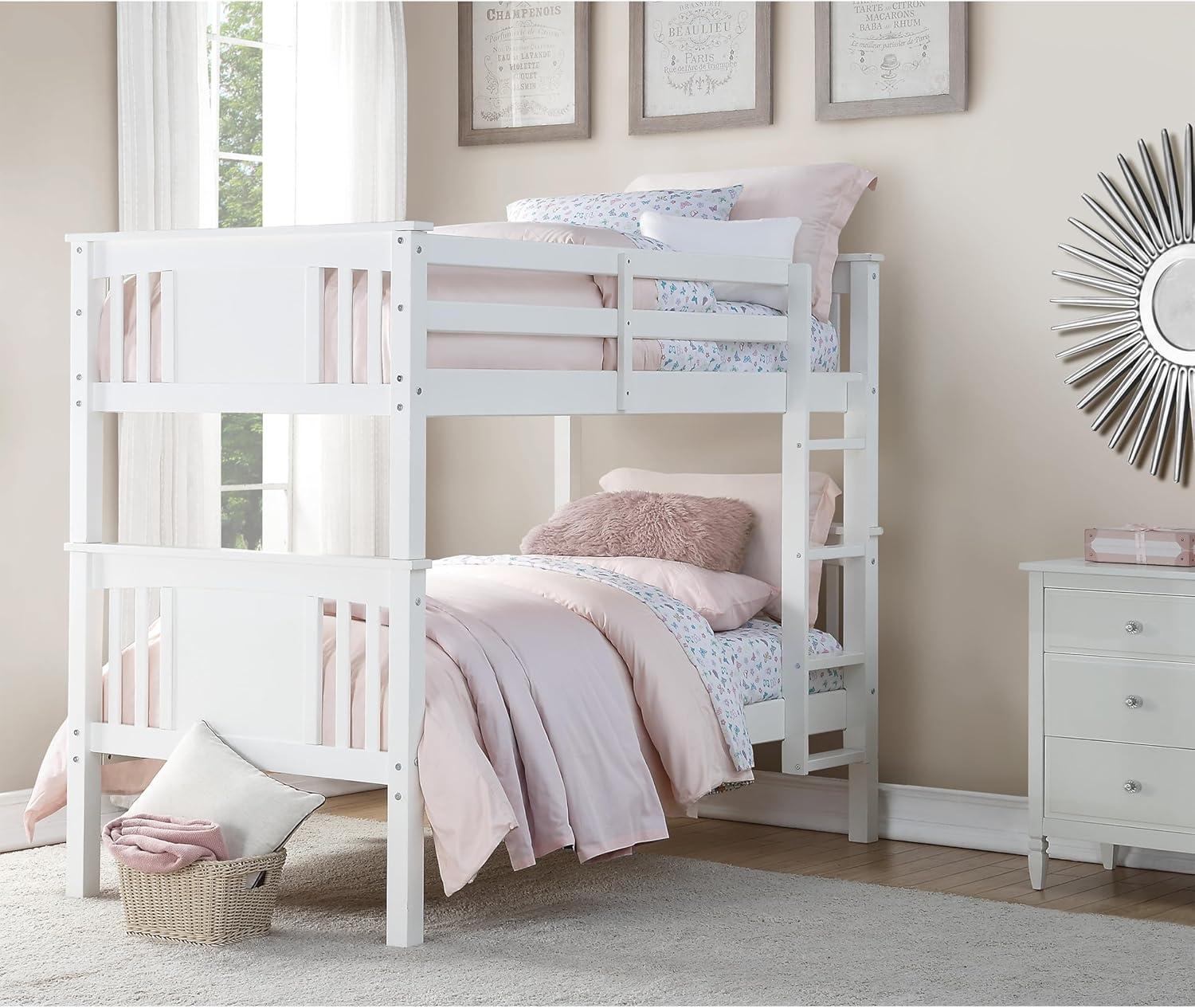 White Twin Over Twin Wood Bunk Bed with Ladder and Guardrail