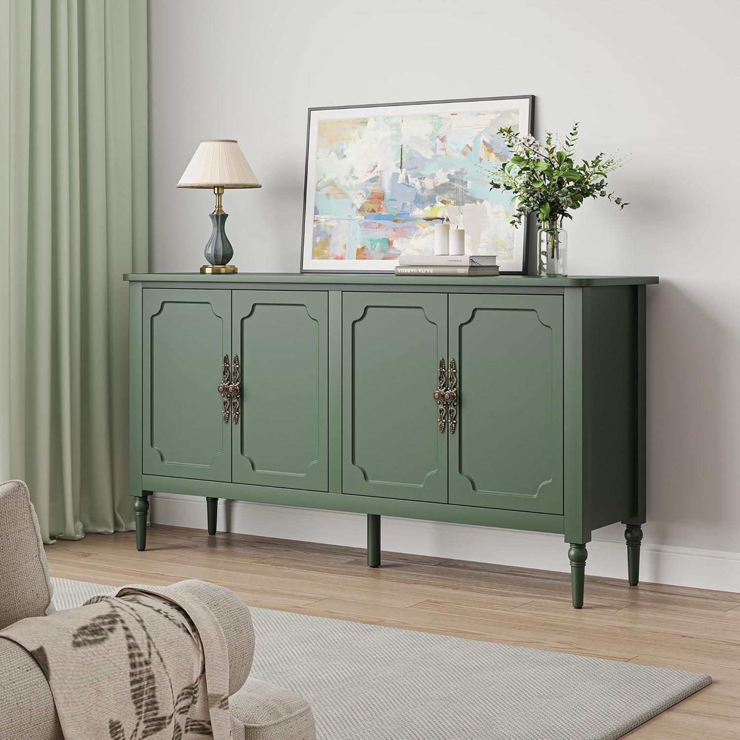 Green Painted Wood Sideboard Buffet Cabinet with Bronzed Metal Handles