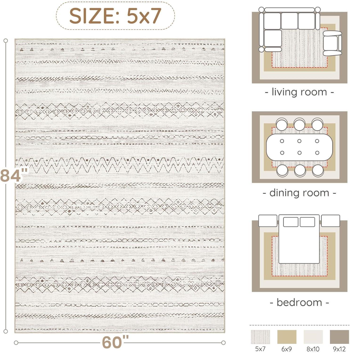 Large Living Room Area Rug 5x7: Soft Machine Washable Boho Moroccan Farmhouse Rugs for Bedroom Under Dining Table - Non-Slip Neutral Morden Indoor Floor Carpet for Home Office - Brown/Cream