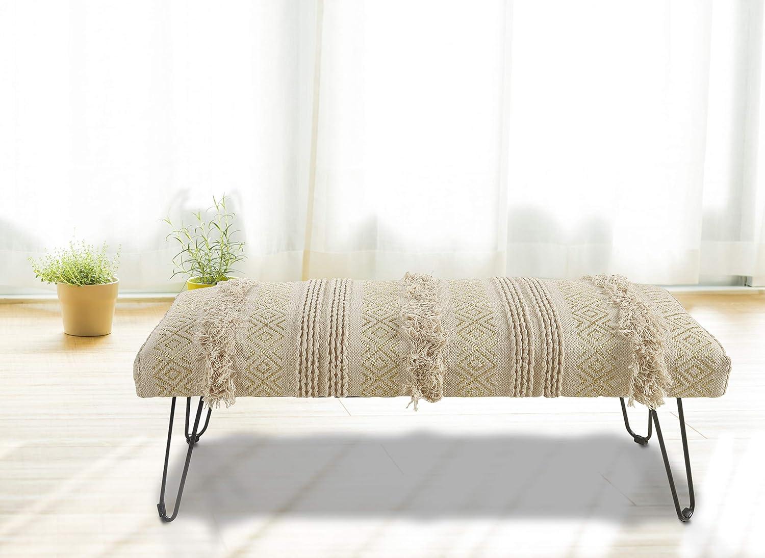 Elegant Beige and Gold Tufted Metal Bench with Geometric Detail