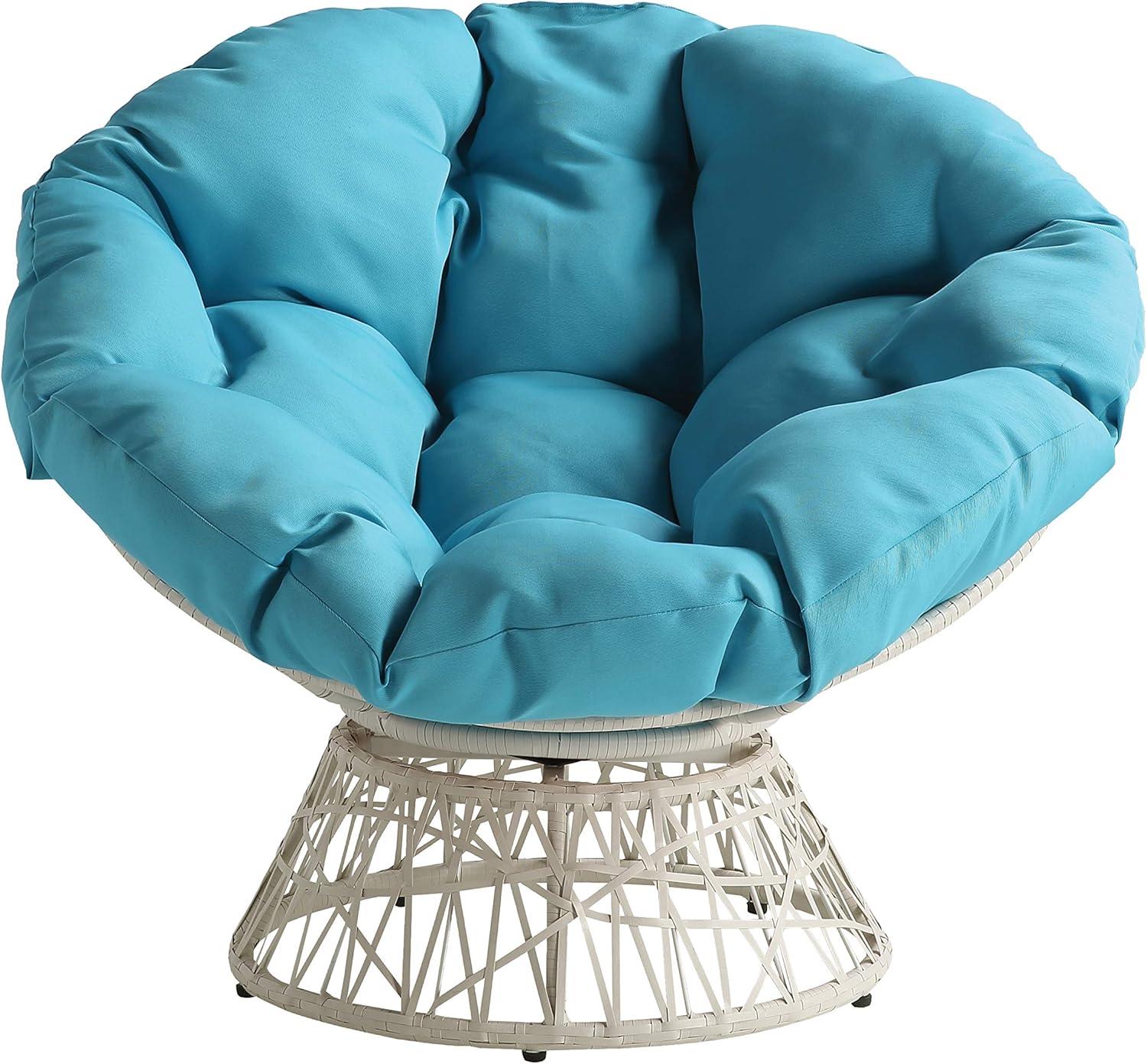 Office Star Products Papasan Chair with Round Pillow Cushion and Cream Wicker Weave Light Blue