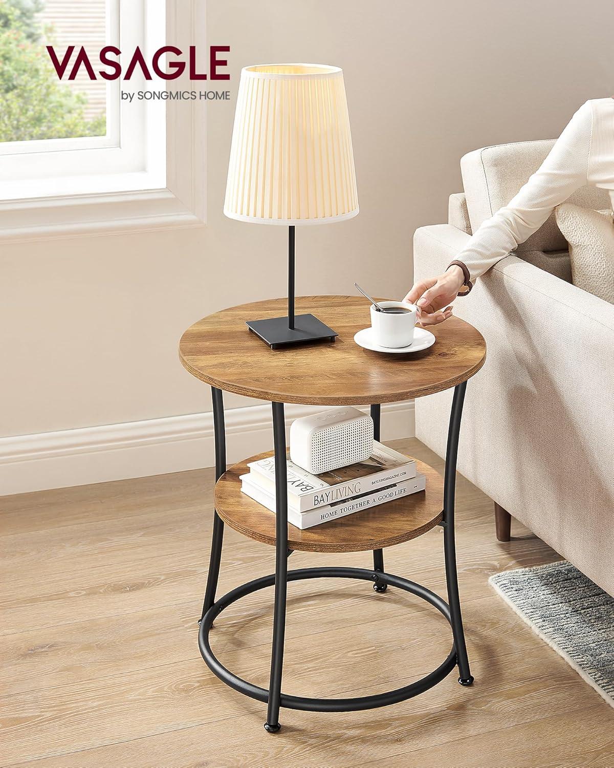 Rustic Walnut and Black Round Metal Side Table with Shelves