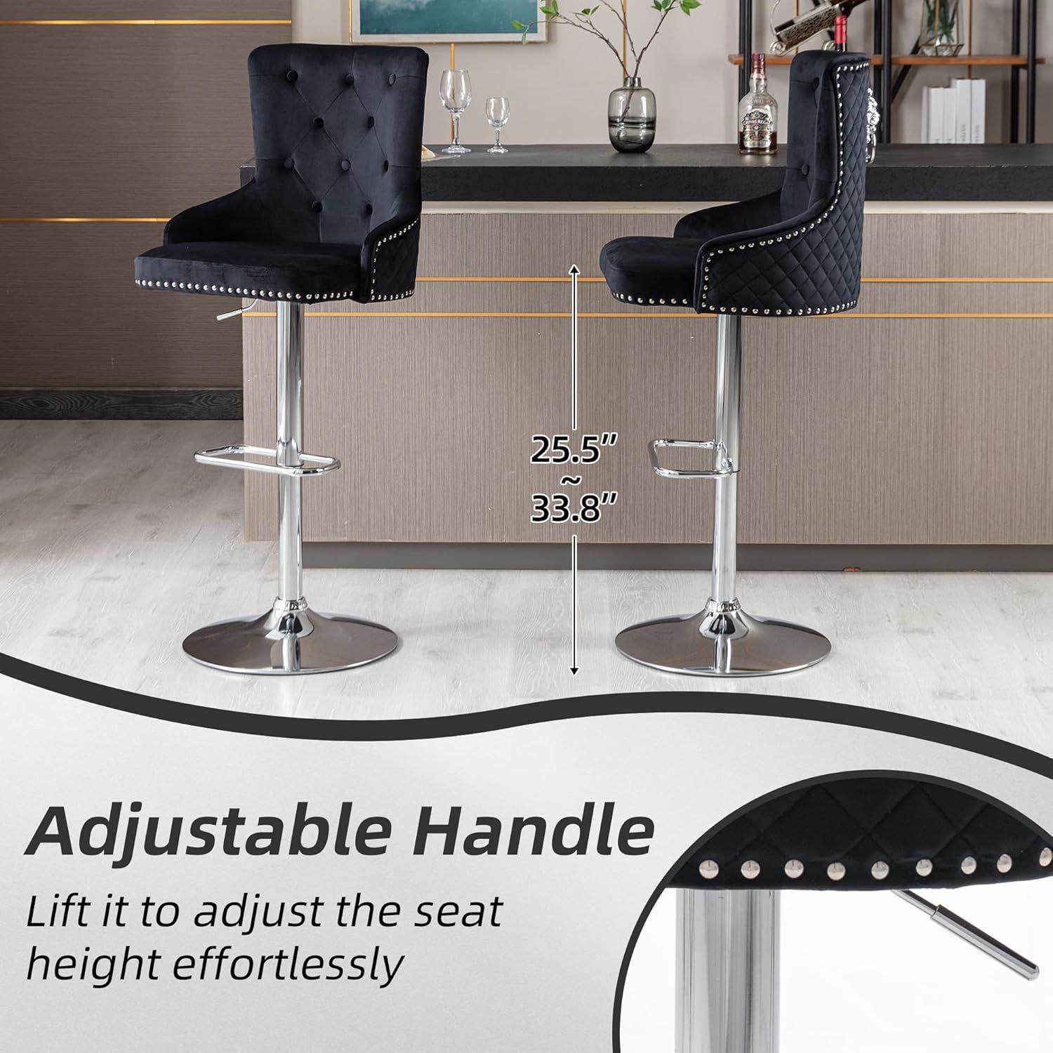 Swivel Barstools with High Back, 2pcs Velvet Bar Chairs with Button Tufted and Nailheads Trim, Counter Height Bar Stools for Home Bar Kitchen Island Cafe,Adjusatble Seat Height, Black+Silver