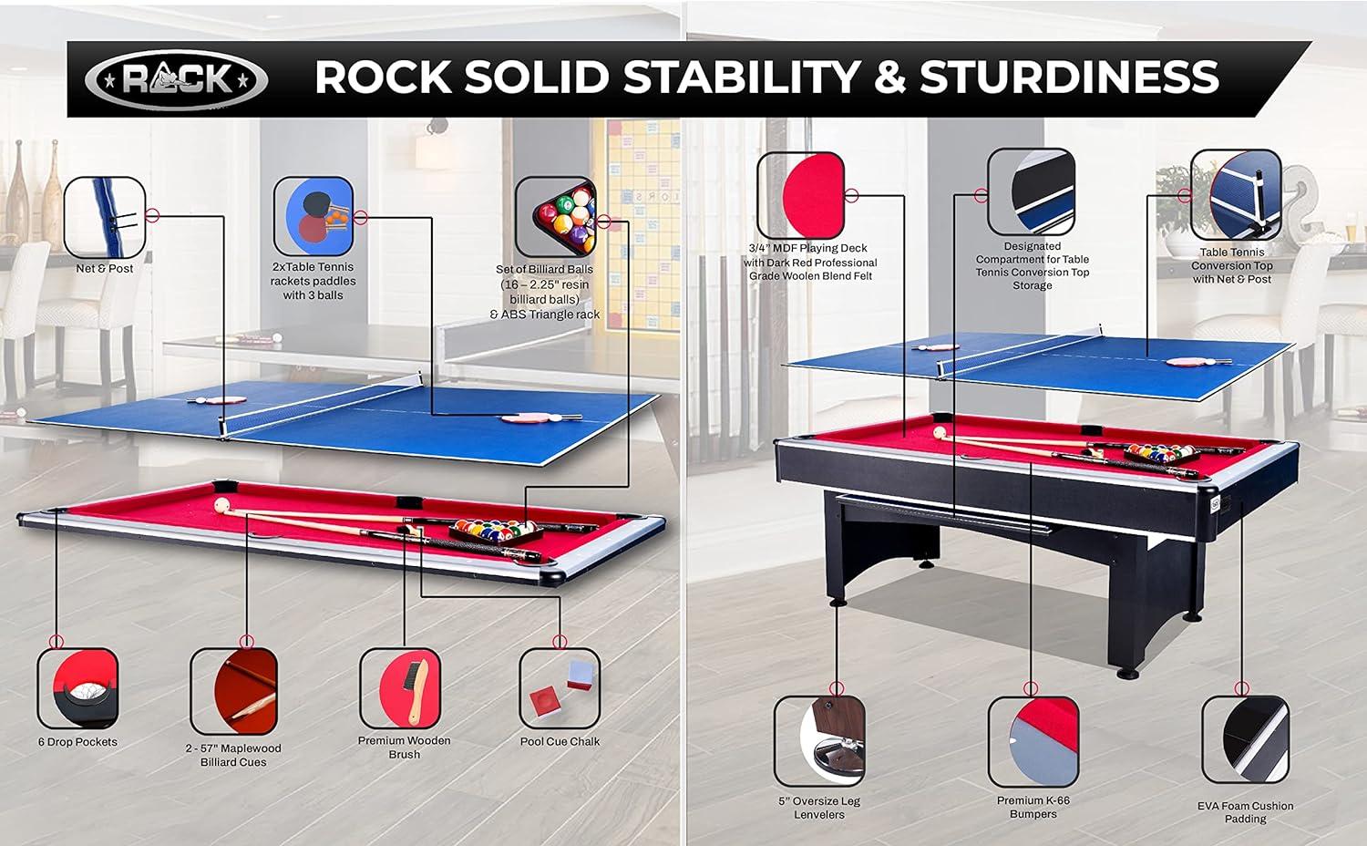 7-Foot Red and Black Engineered Wood 2-in-1 Pool and Ping Pong Table