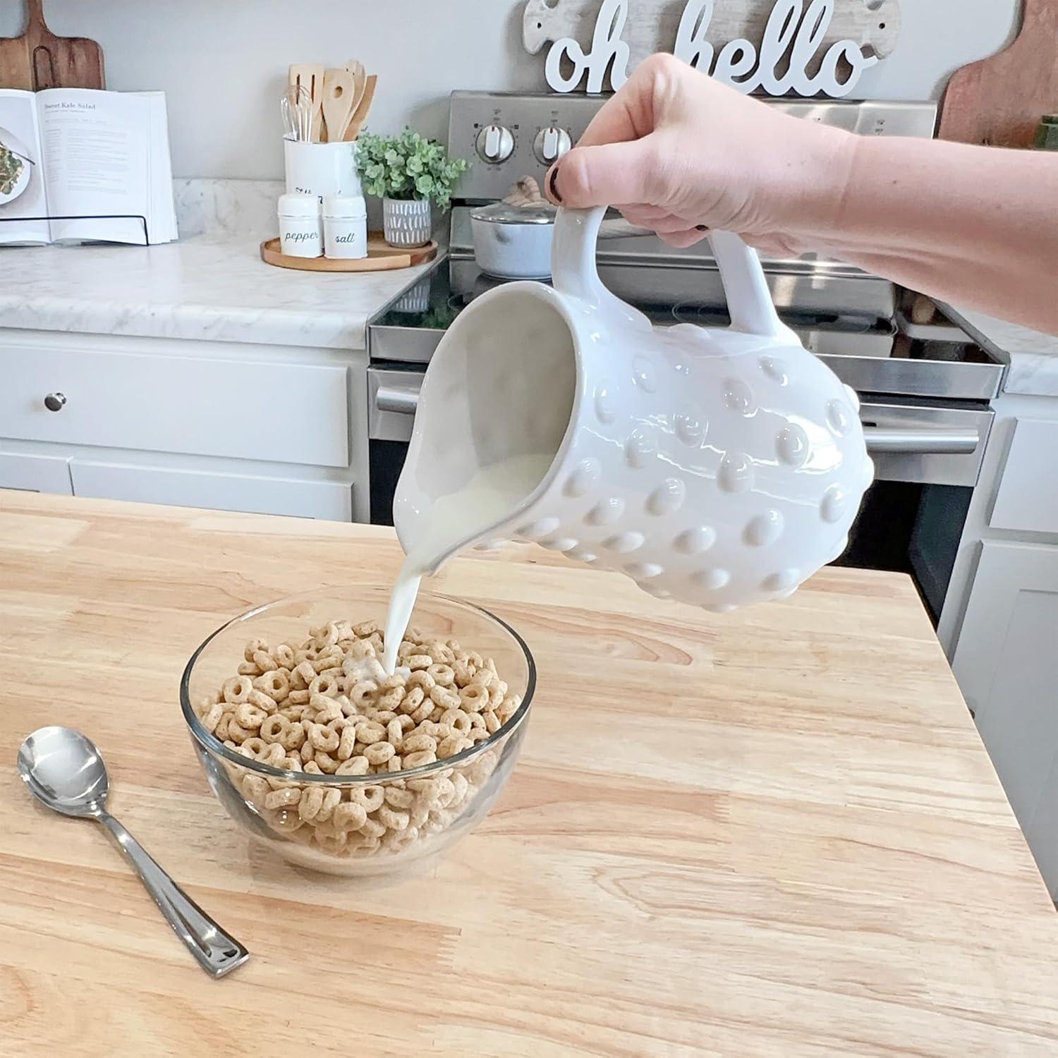 AuldHome Design White Hobnail Ceramic Pitcher, Vintage Retro Farmhouse Style