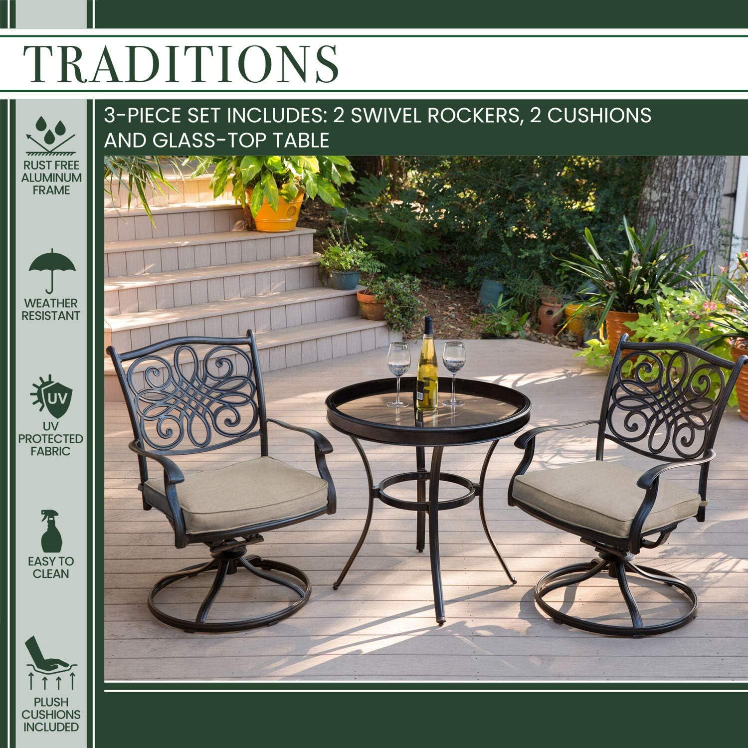 Hanover Traditions 3-Piece Swivel Bistro Set in Tan with 30 in. Glass-top Table