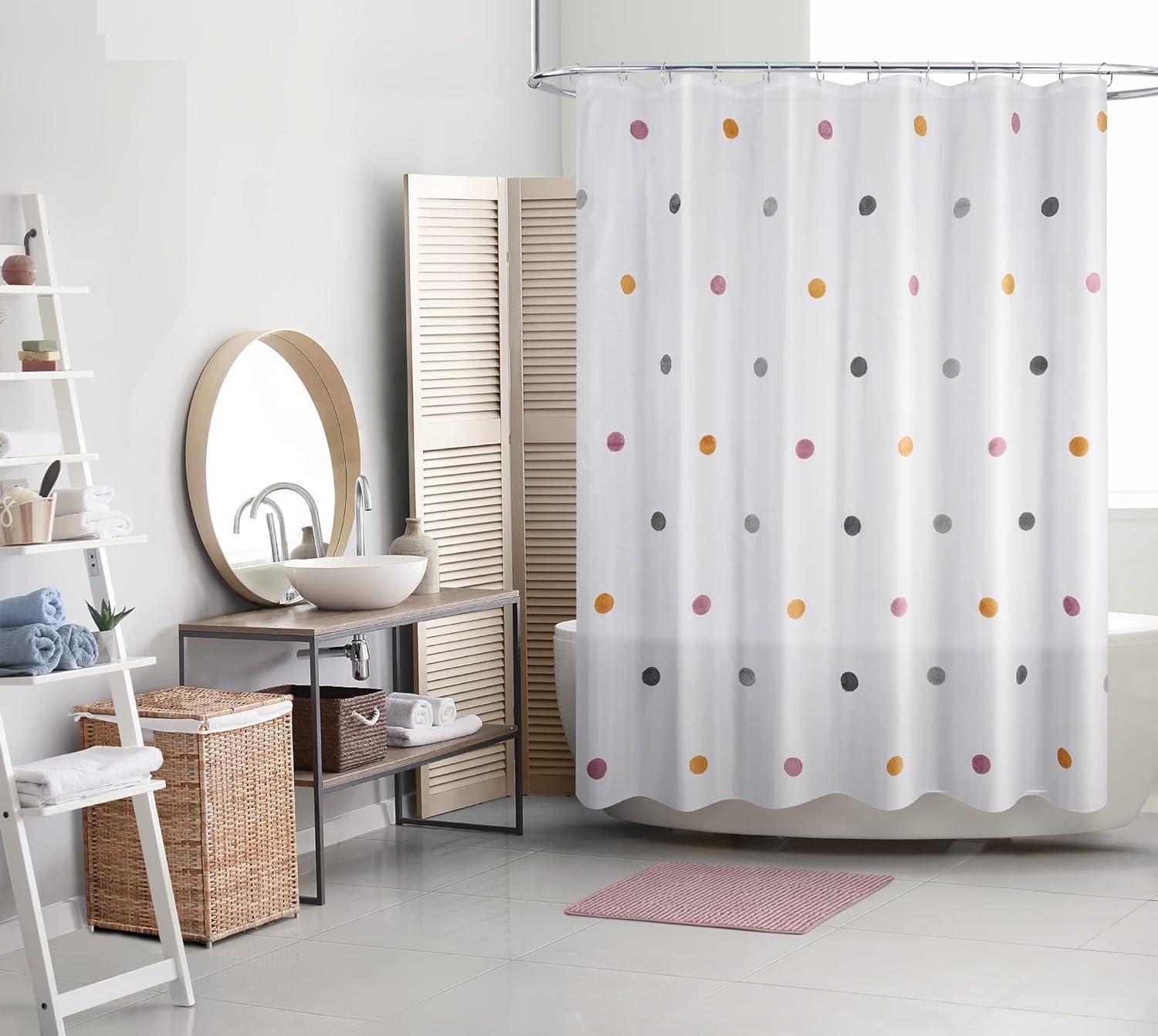 Playful Multicolor Pom Pom White Fabric Shower Curtain