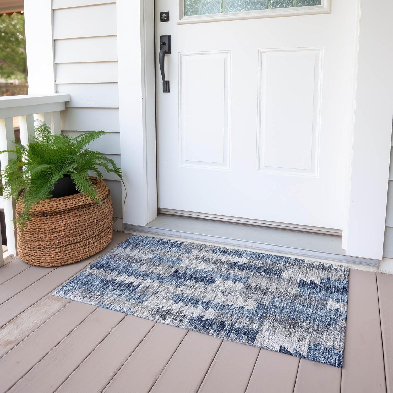 Blue and Gray Synthetic Flat Woven Washable Rug