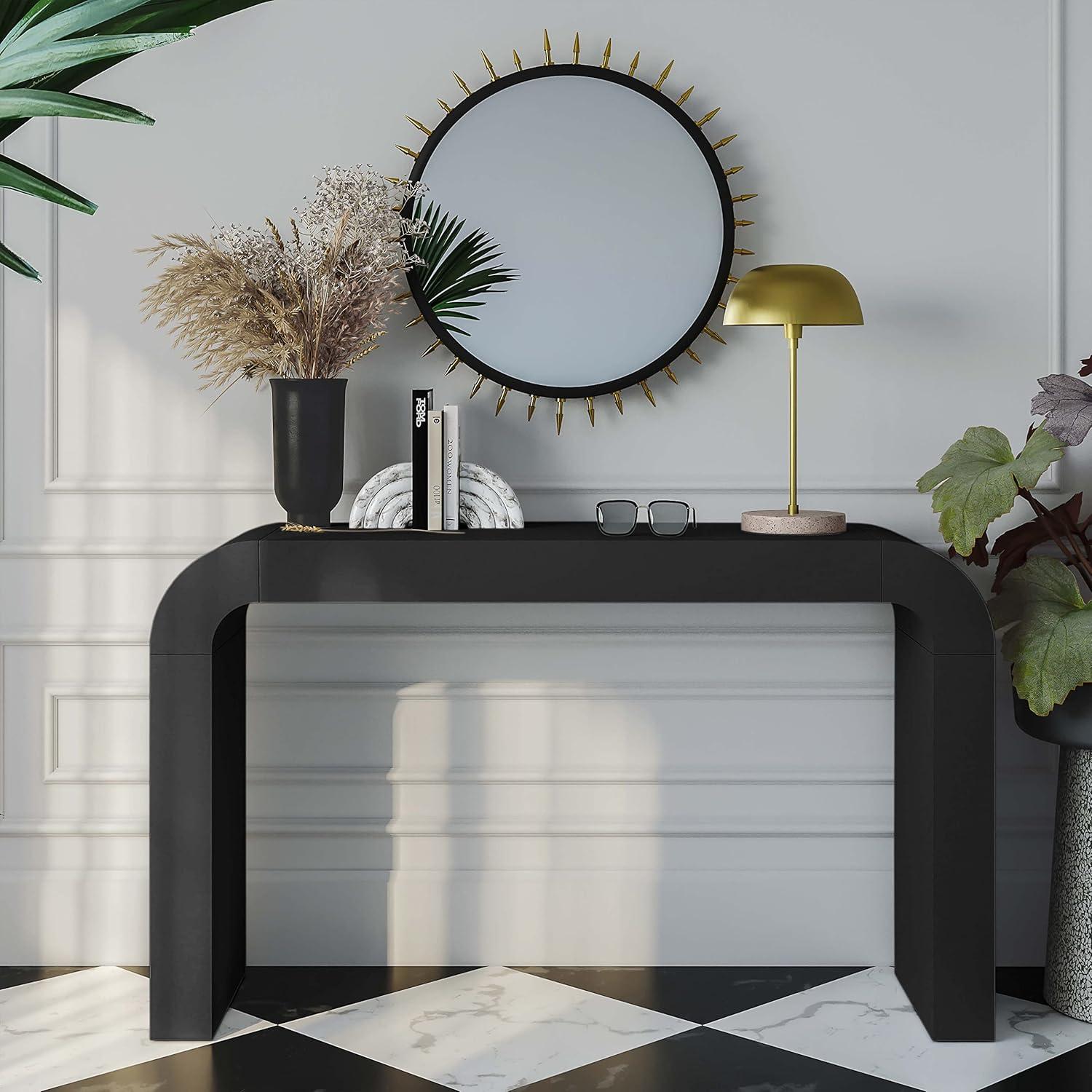 Modern Black Acacia Wood Rectangular Console Table with Storage