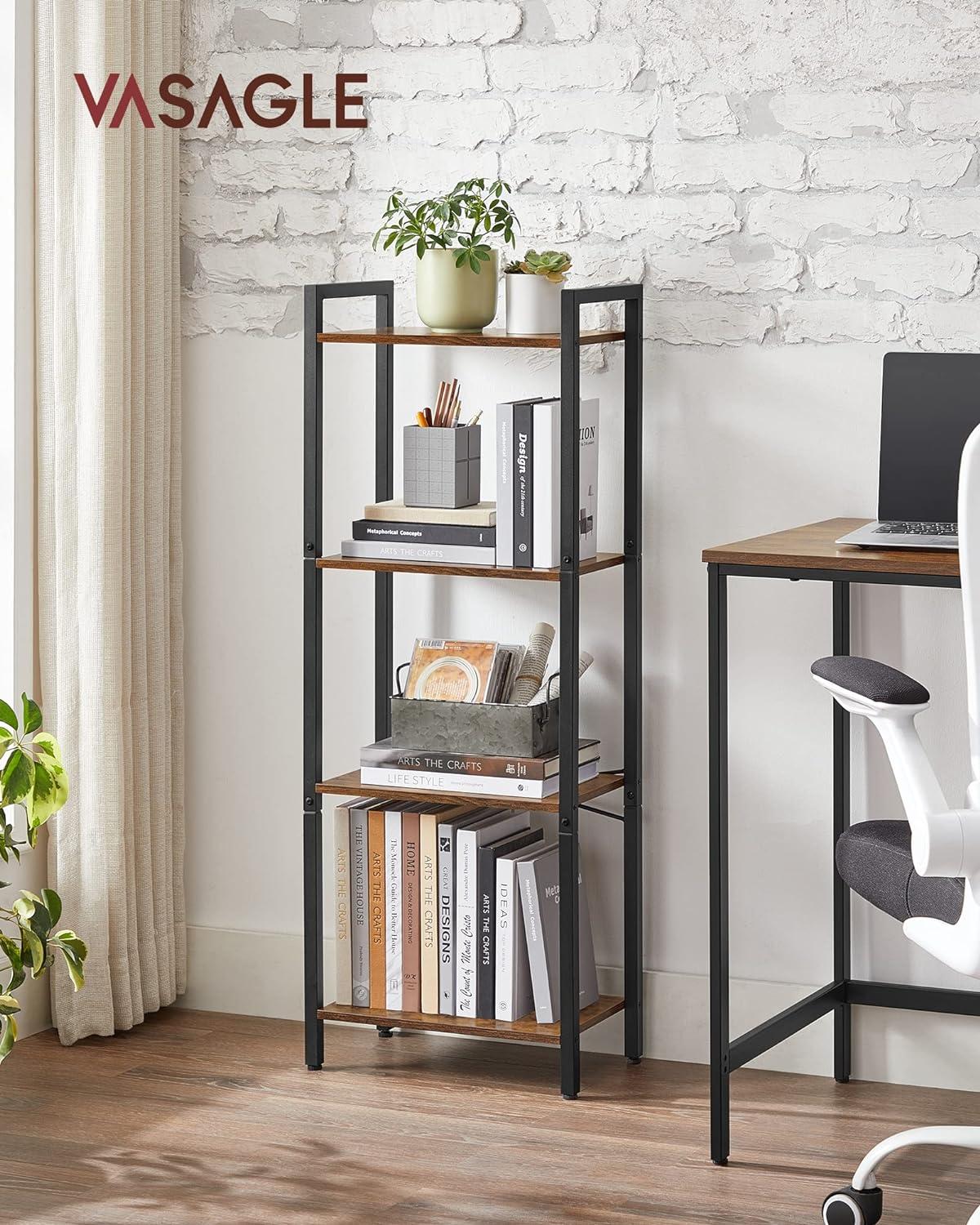 Rustic Brown and Black 4-Tier Adjustable Bookshelf