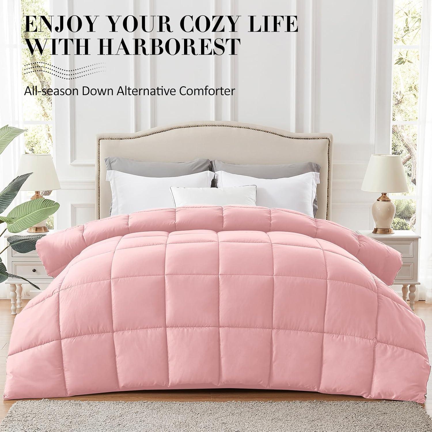 100% Cotton All-Season Comforter - Box Stitched Comforter - Bedding with Corner Tabs Machine Washable Lightweight Color Pink Solid Pattern Size Oversized Queen (98"x98")