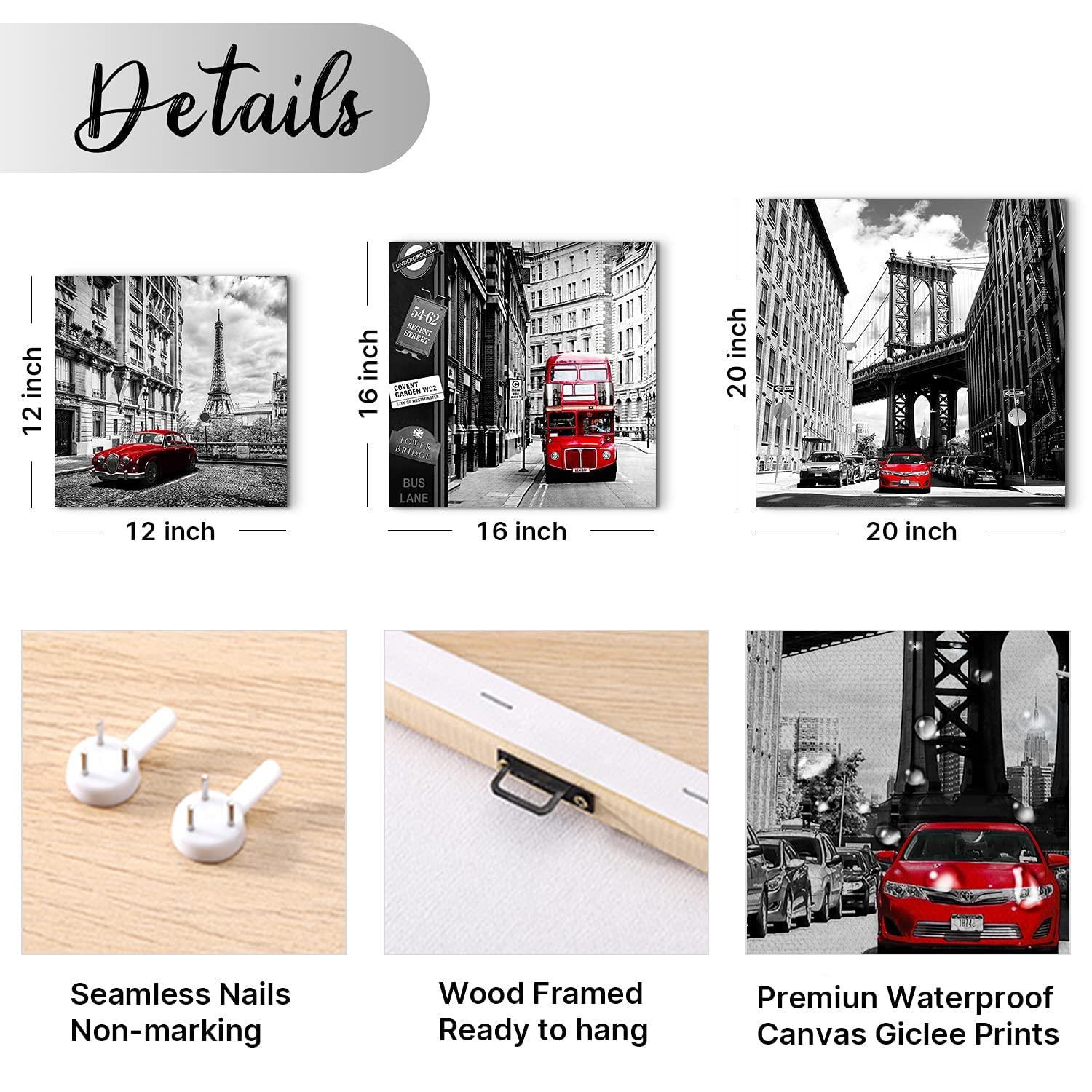 Black and White Wall Art Cityscape Pictures Modern Framed Wall Decor for Bedroom Bathroom Red City New York London Italy Paris Canvas Artworks Living Room Office Kitchen Home Decorations 16×16" 4 Pcs