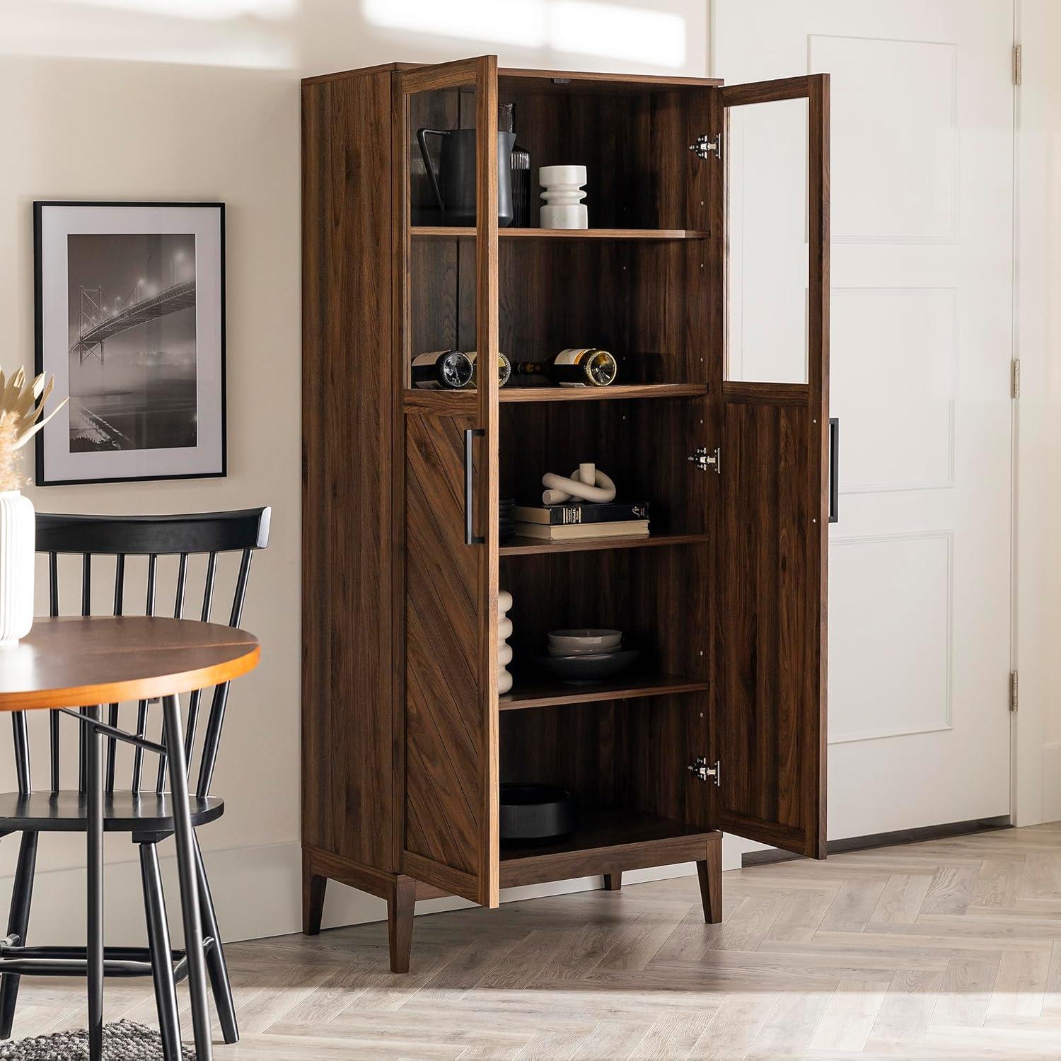 Walker Edison Emma Boho Chevron 2 Door Glass Window Hutch with Bottle Storage, 68 Inch, Dark Walnut