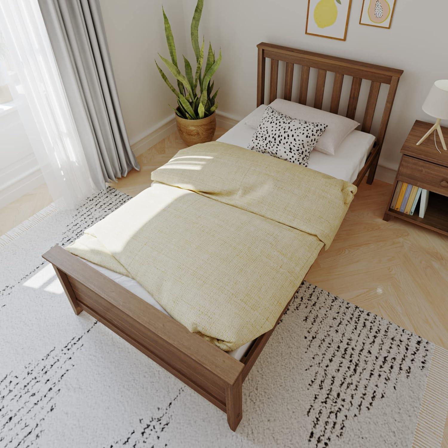 Walnut Pine Twin Platform Bed with Slatted Headboard and Storage