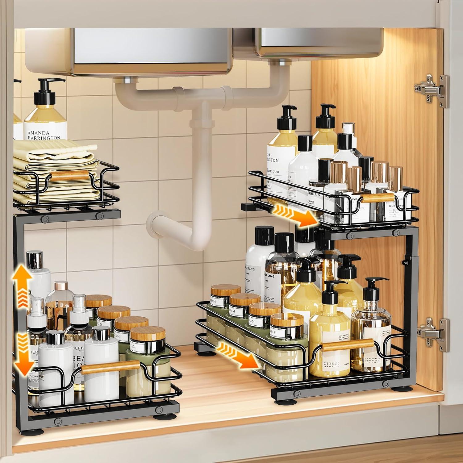 Rebrilliant Under Sink Organizer, 2 Tier Under Sink Organizers And Storage, Metal Slide Out Pull Out Cabinet Organizer ,2 Pack Sliding Drawer Organizer For Kitchen Bathroom Pantry