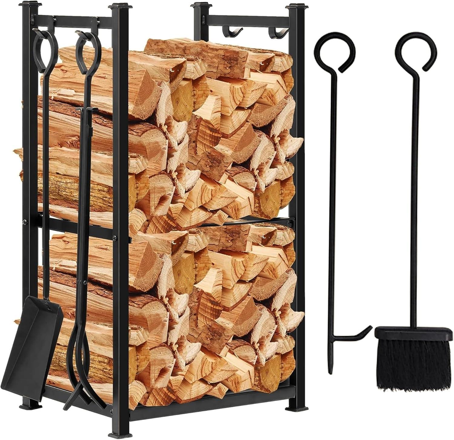 Black Wrought Iron Firewood Rack with Tools Set