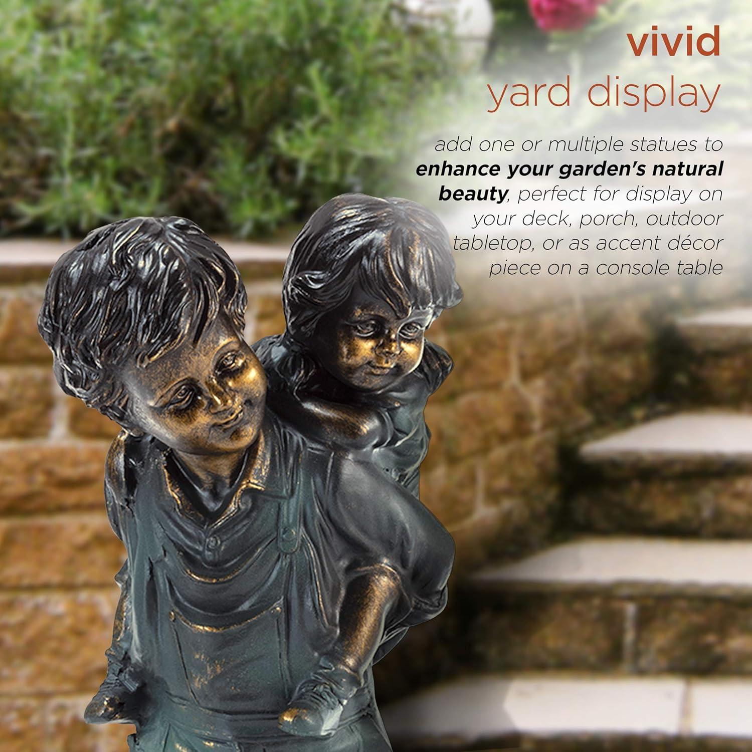 Alpine Corporation 16" Polyresin Girl and Boy with Dog Sitting on Bench Sculpture Bronze: Durable Outdoor Decor, Magnesium Oxide, Rust-Resistant