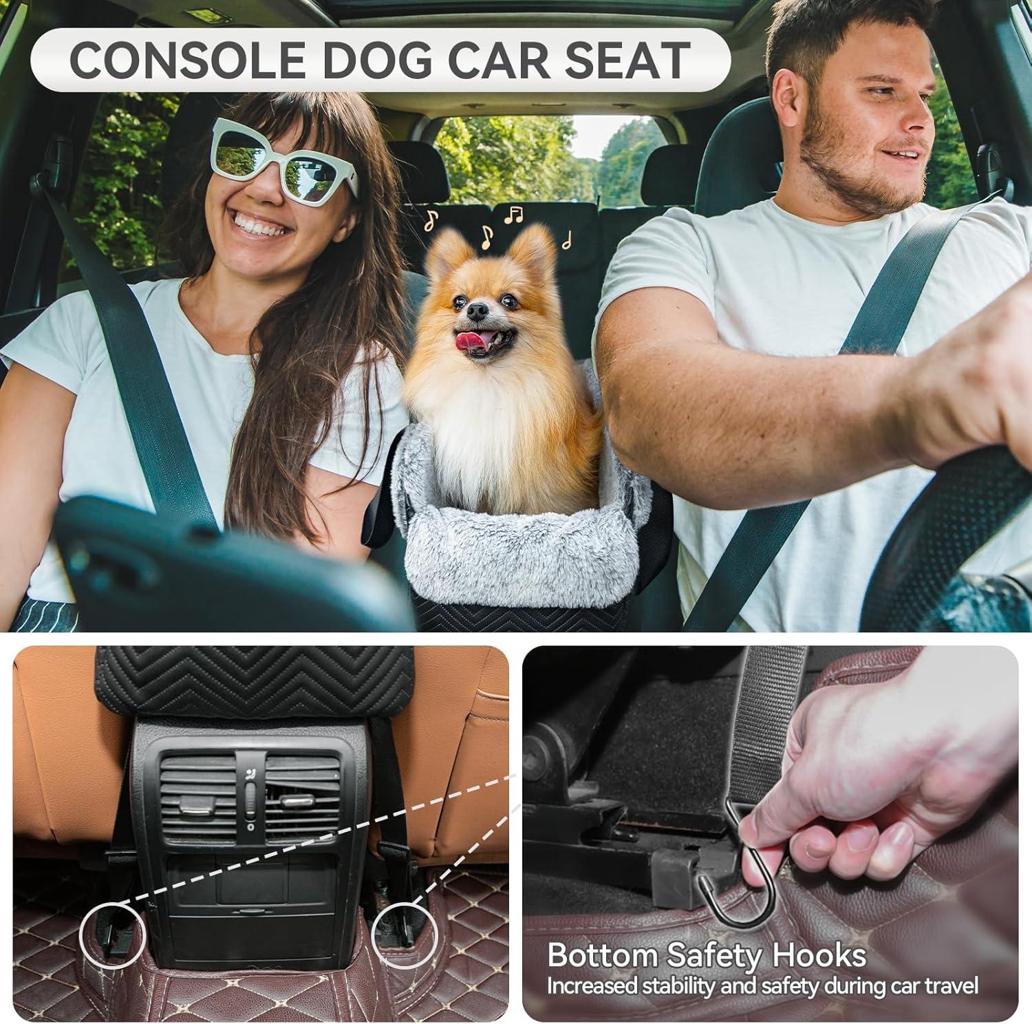 PETSFIT Small Dog Car Seat, Portable Dog Seat for Car with Safe Protective Hooks, Luxury Dog Console Car Seat,Up to 12 lbs,Grey