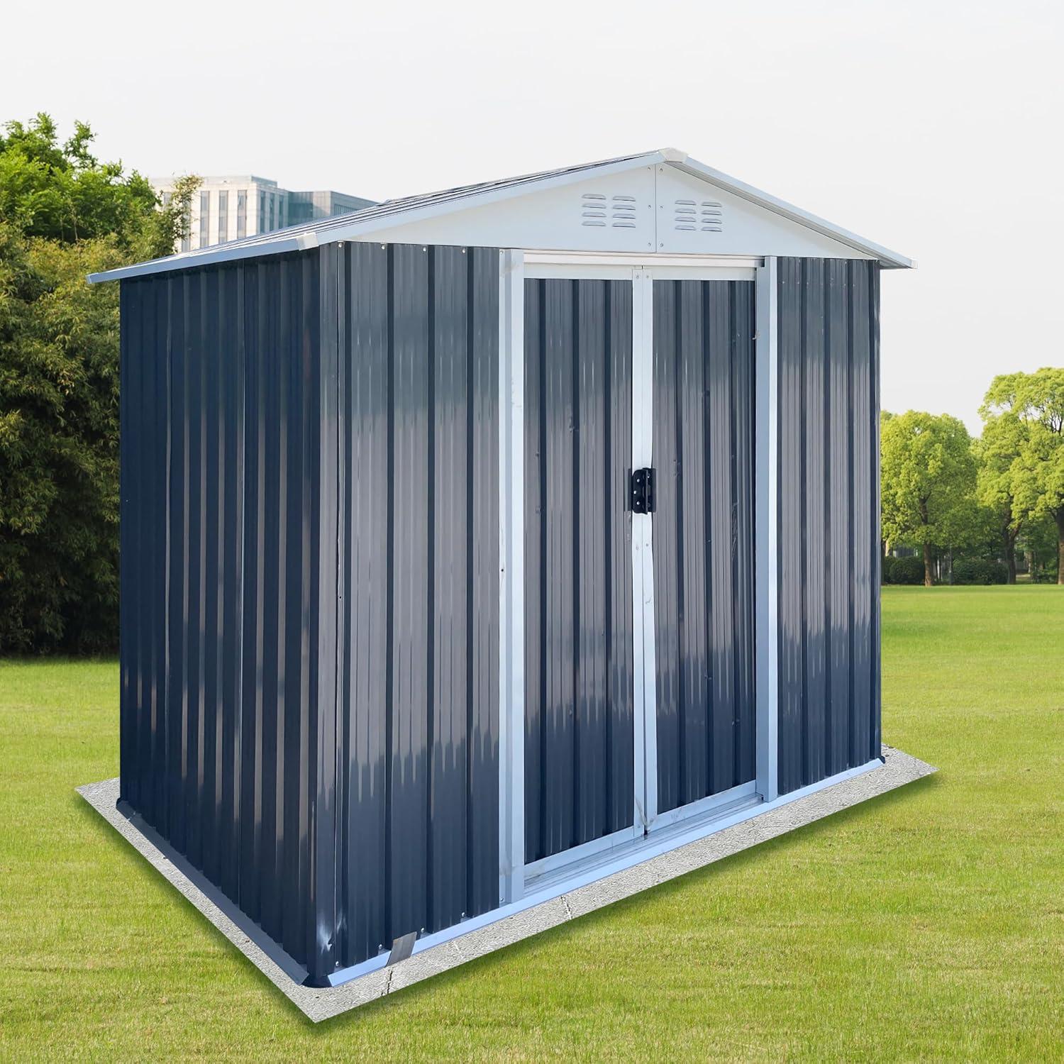 HD JUNTUNKOR 6'x4' Outdoor Storage Shed, Galvanized Metal Garden Sheds with Lockable Door for Backyard, Patio, Lawn, Gray