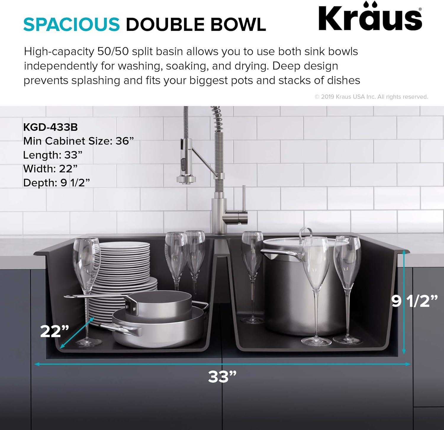 KRAUS 33 inch L Dual Mount 50/50 Double Bowl Granite Kitchen Sink w/ Top Mount and Undermount Installation in Black Onyx