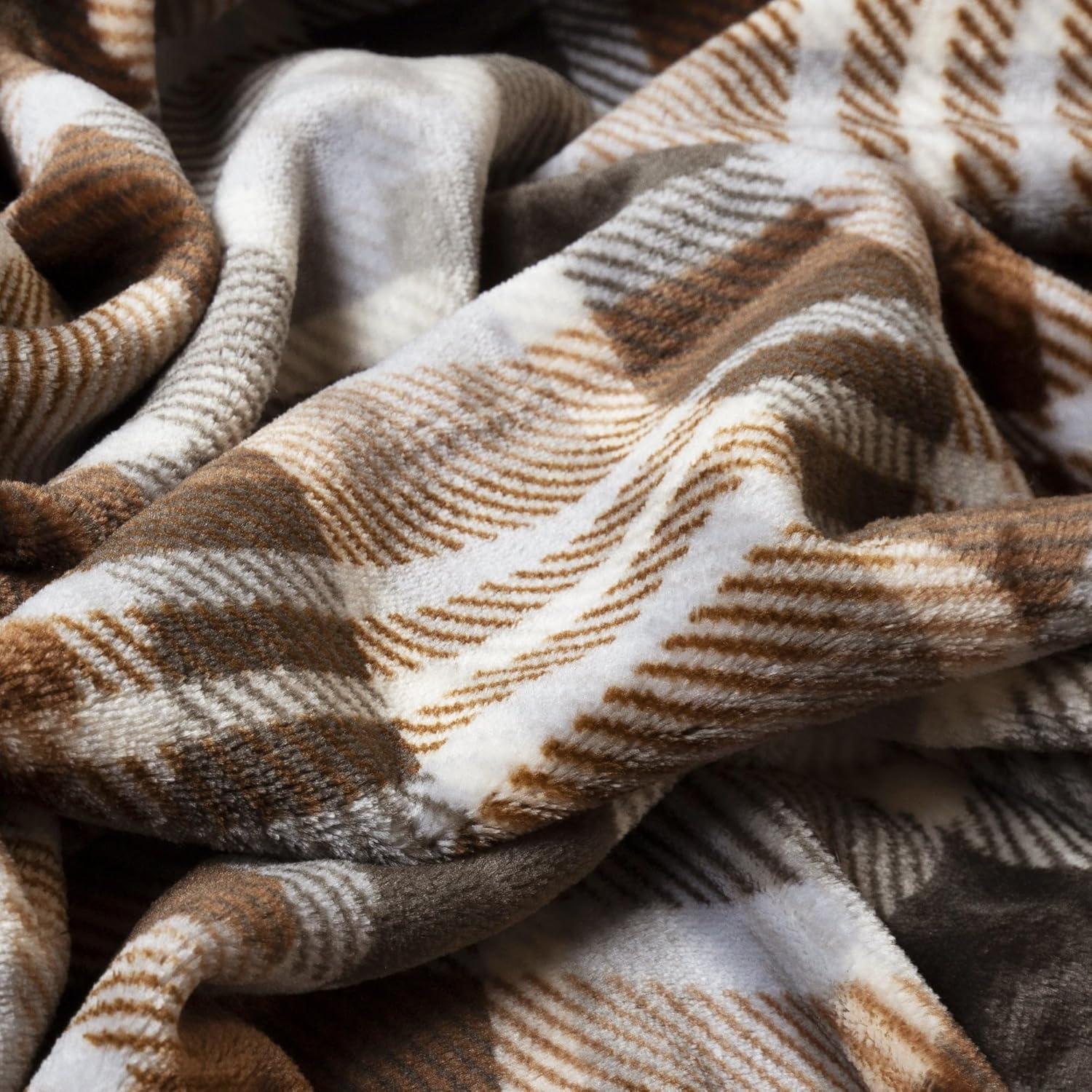 King Size Gray and Chestnut Plaid Fleece Travel Blanket