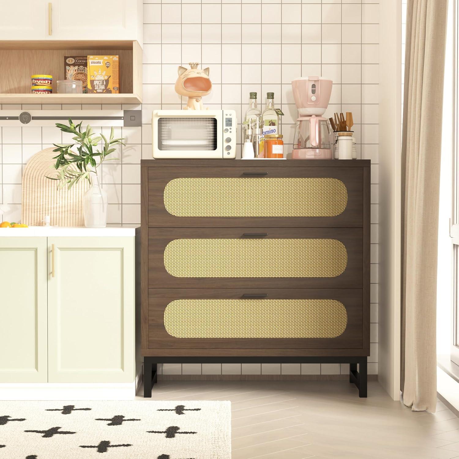 3 Drawer Dresser for Bedroom, Wide Modern Wooden Chest of Drawers, Accent Storage Cabinet Modern Bedside Table Golden Handles for Living Room, Entryway (Walnut Oak)