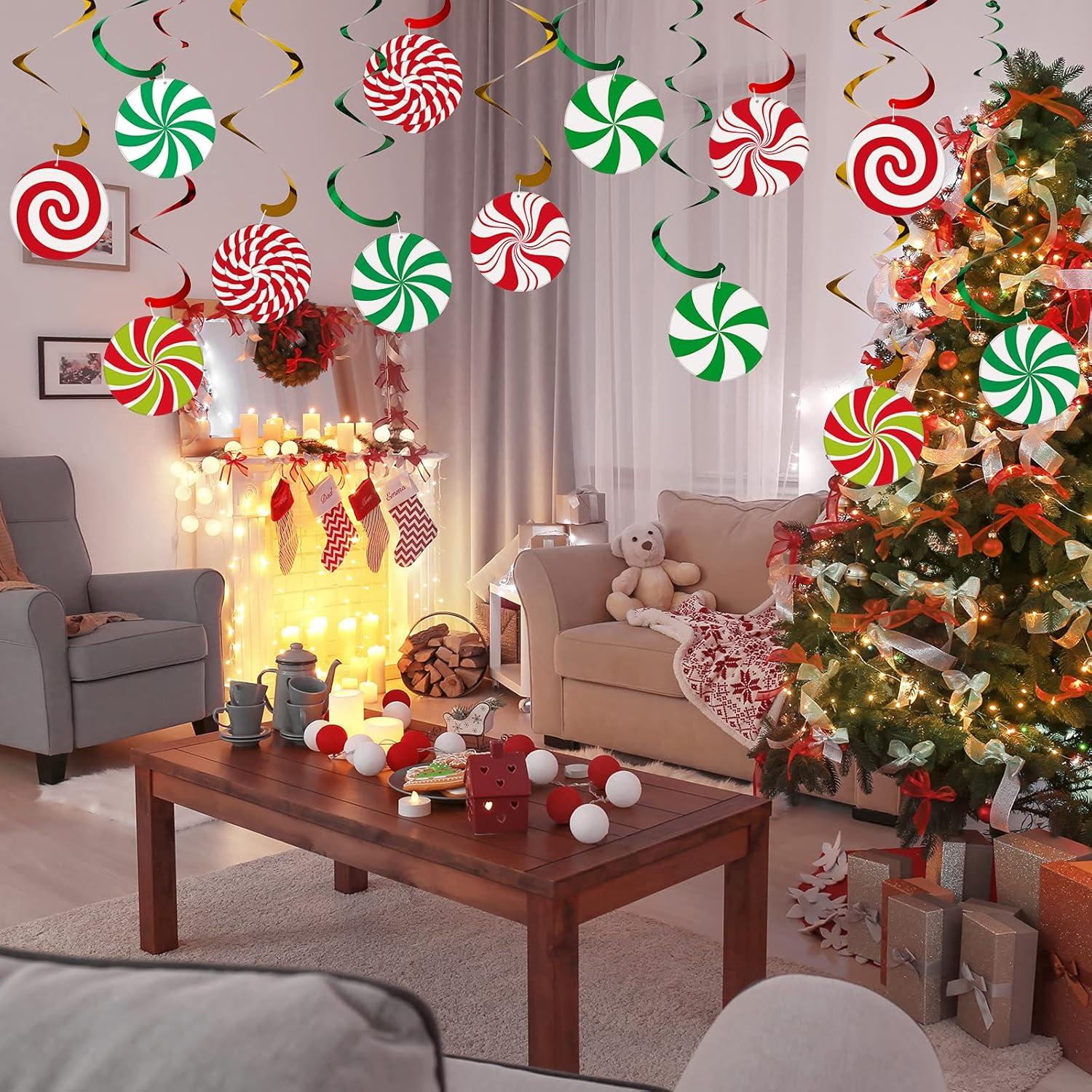 24 Sets Christmas Hanging Swirl Decoration Kits Gingerbread Man Hanging Swirl Garland Christmas Ceiling Swirl Decoration with Peppermint Candies Cutout Candy Cane Swirl Decoration (Classic Style)