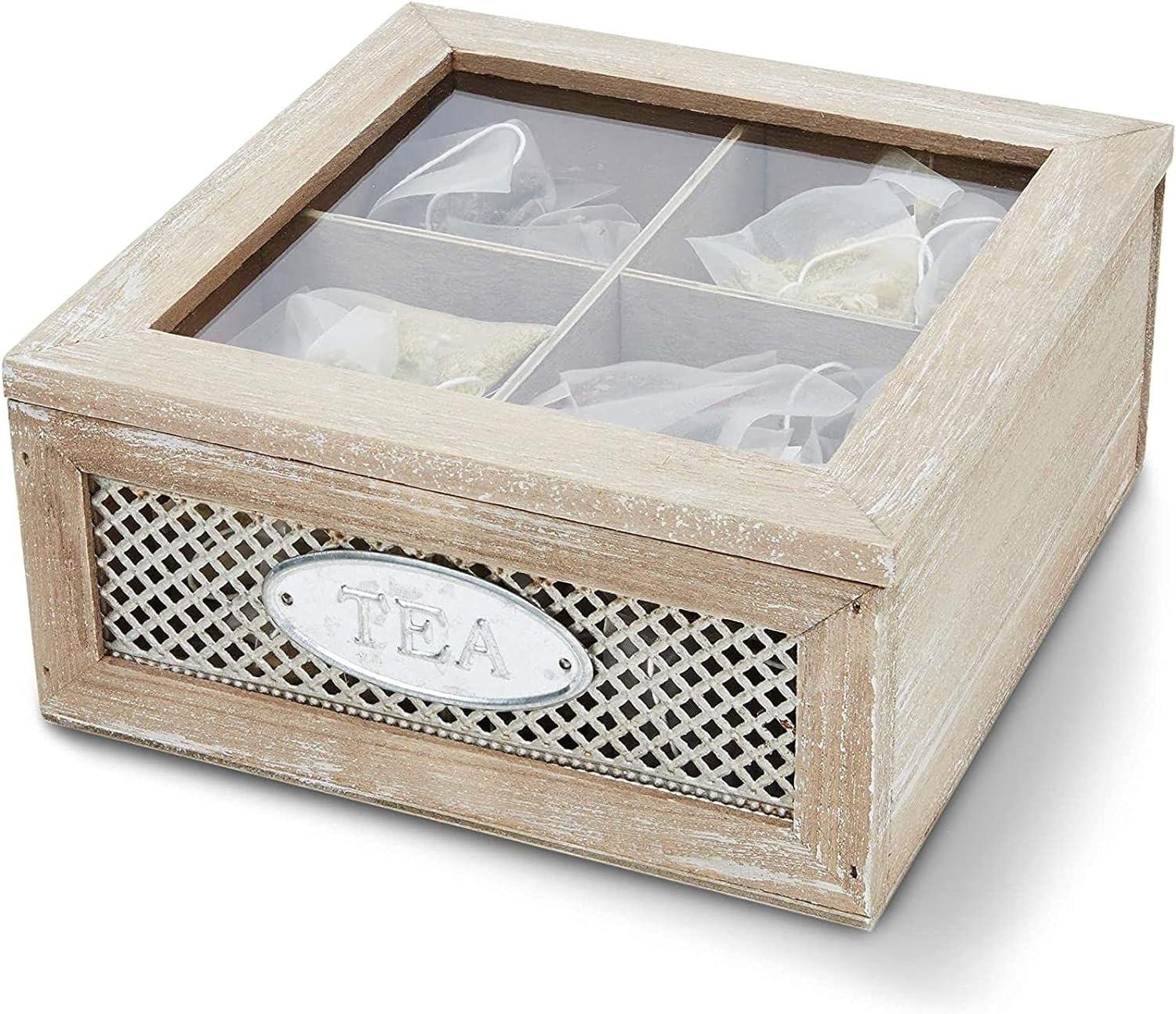 Juvale Wooden Box for Tea Bags Organizer, Rustic 4-Compartment Container with Clear Lid, 7 x 7 x 3 In