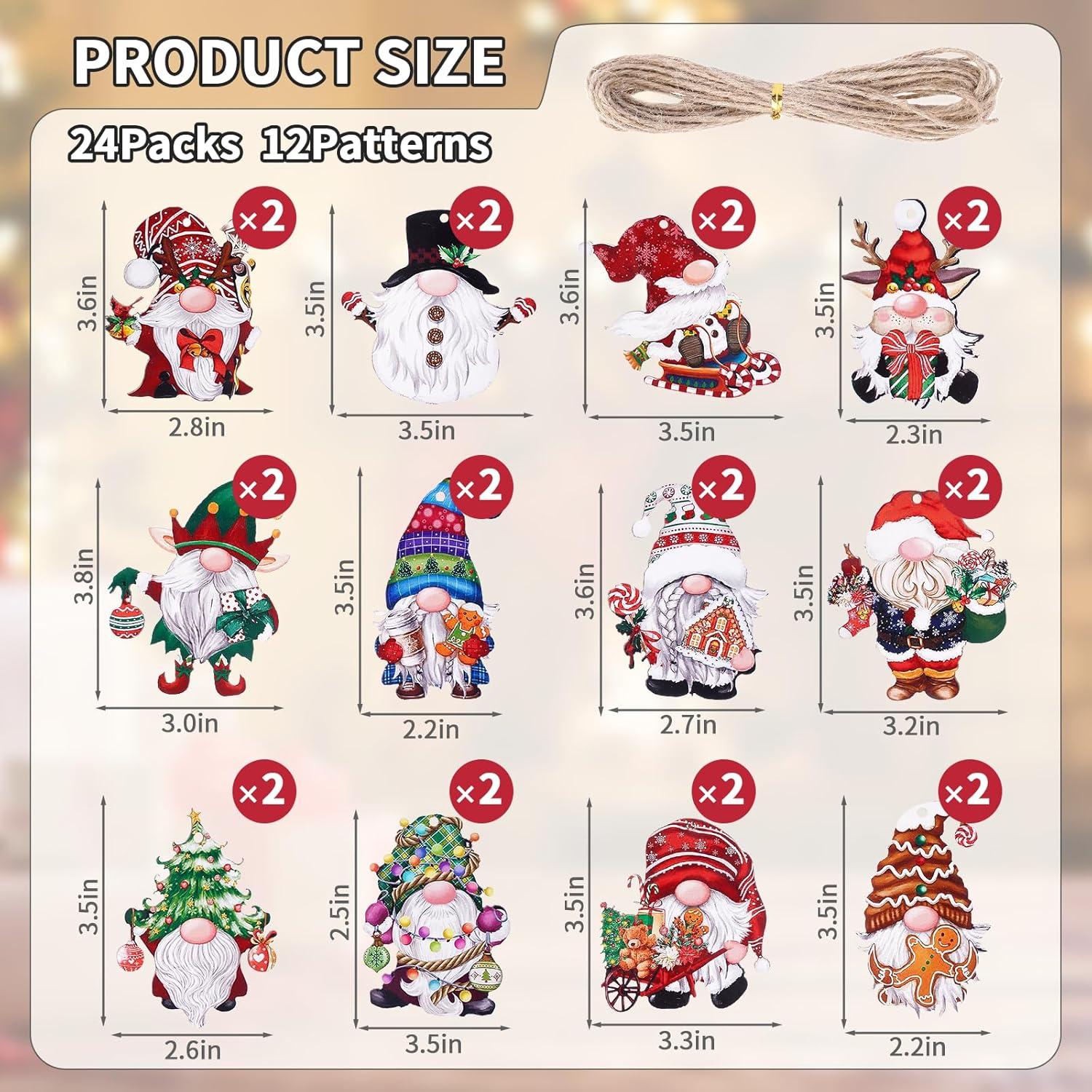 24pcs Gnome Christmas Ornaments Set - Festive Decorations with Wooden Gnomes for Tree Adornments & Ultimate Holiday Celebration Accessories