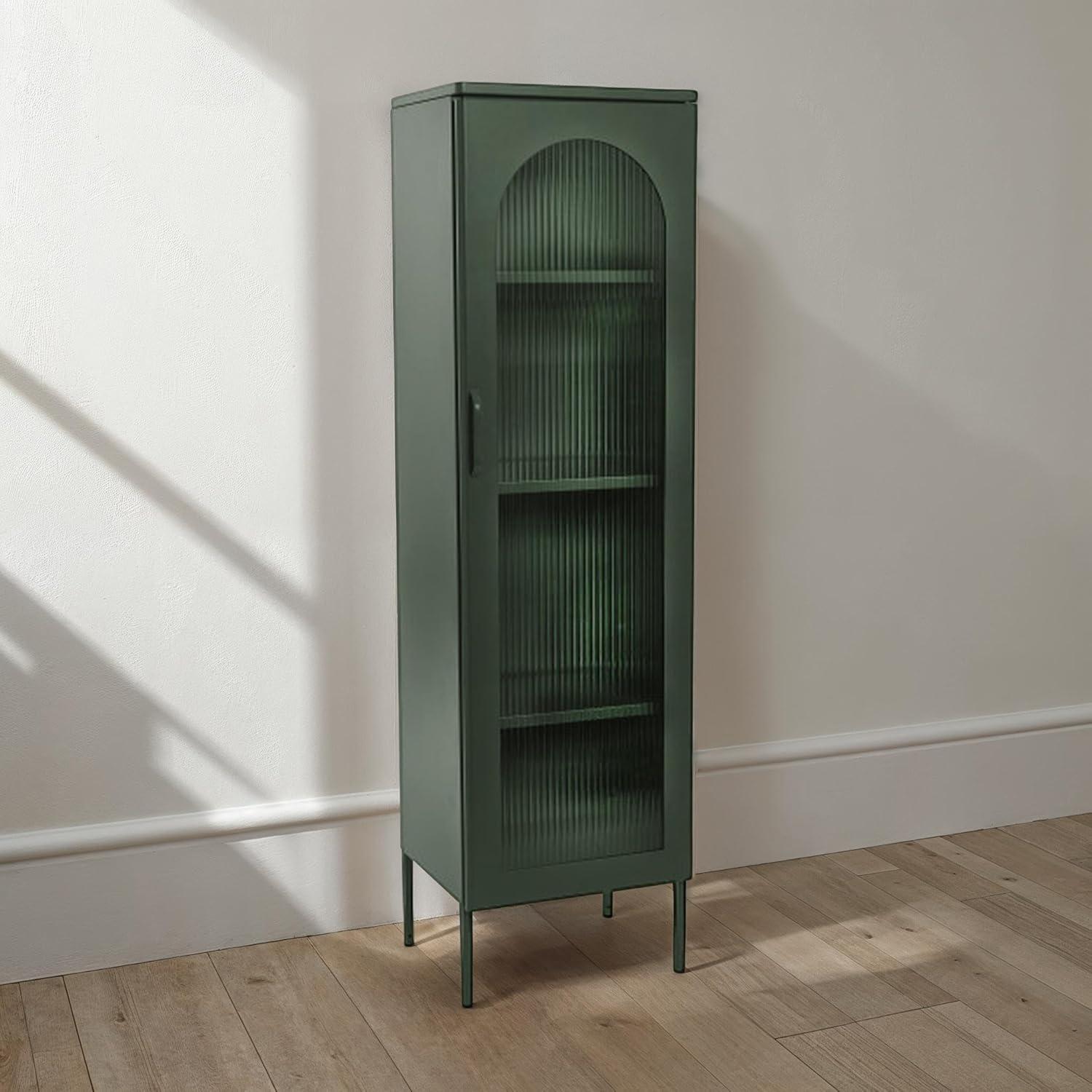 Storied Home Tall Metal Accent Cabinet: Arched Glass, 4 Shelves, Dark Green, 57" H