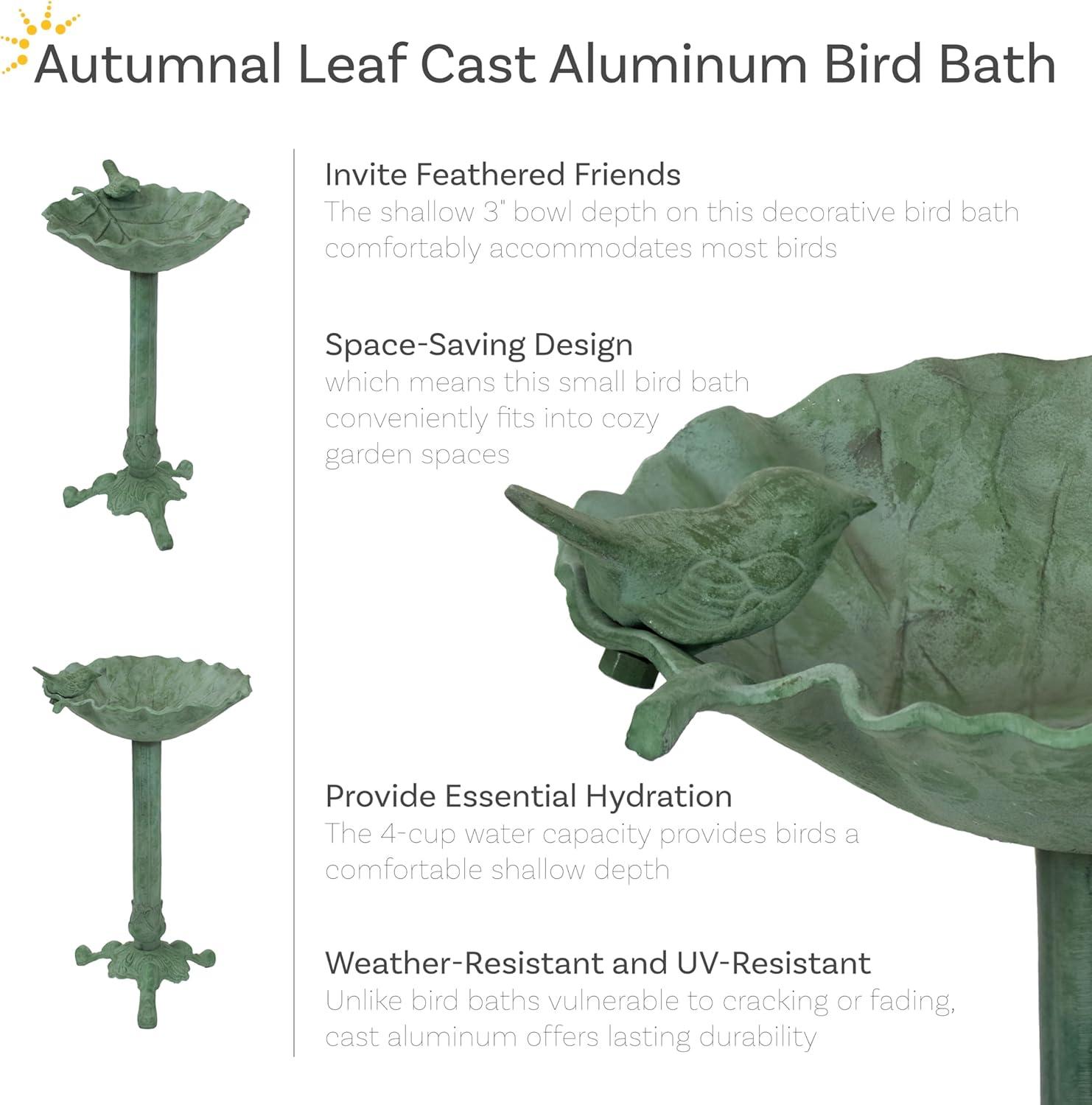 Autumnal Leaf Freestanding Cast Aluminum Outdoor Bird Bath - Green Patina