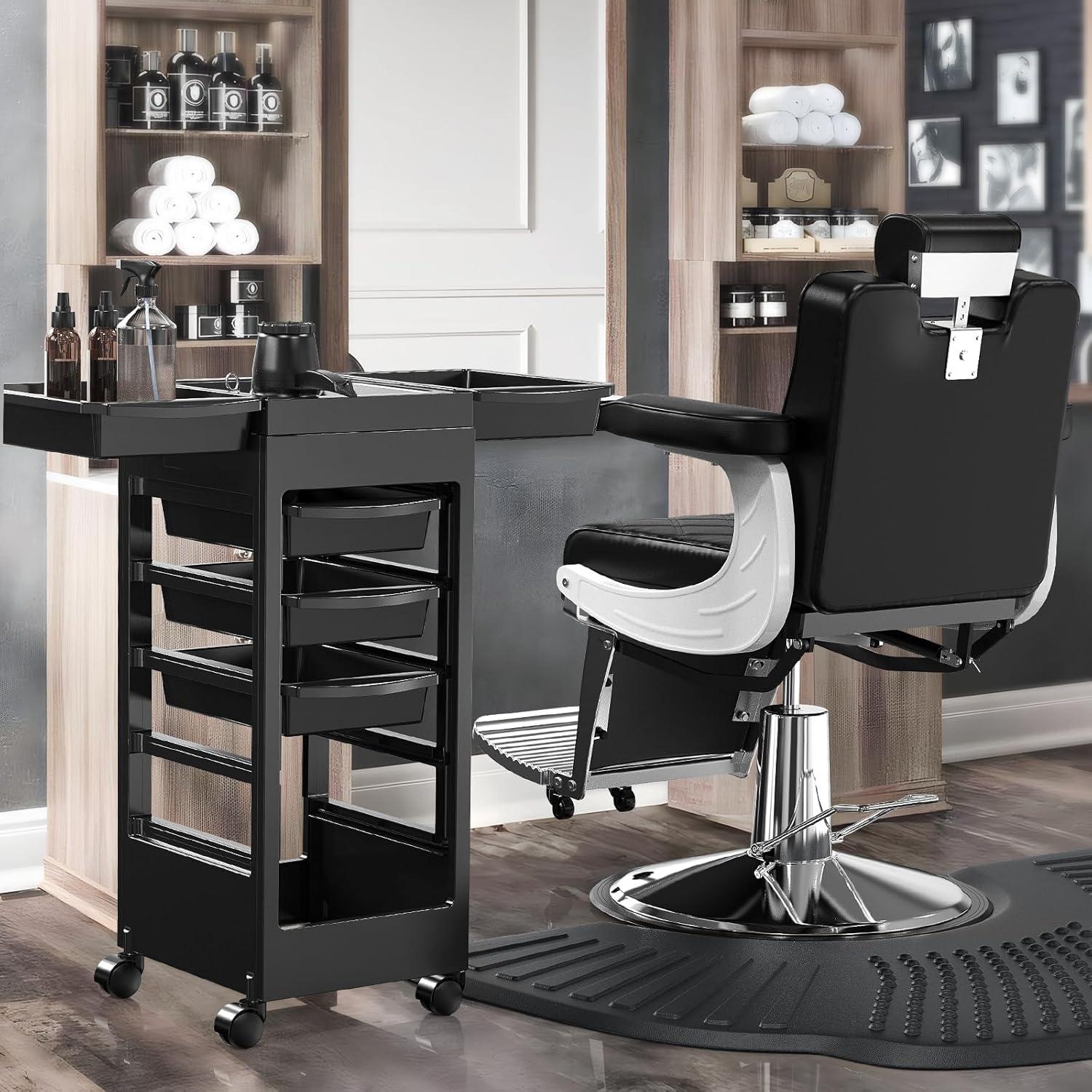 Black ABS Salon Trolley Cart with Wheels and 5 Drawers