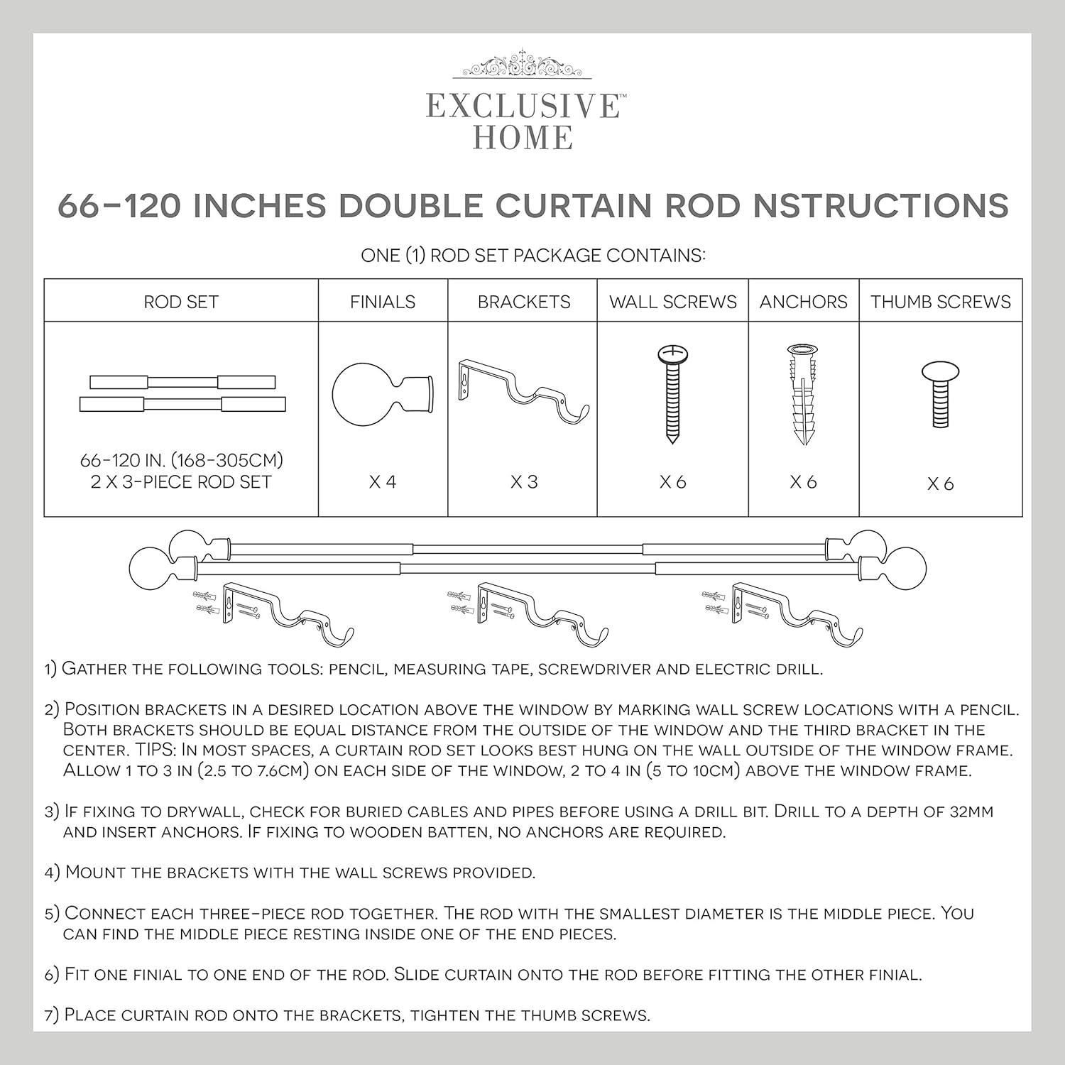 Exclusive Home Topper Double Curtain Rod and Finial Set, Matte Silver, 66"-120"