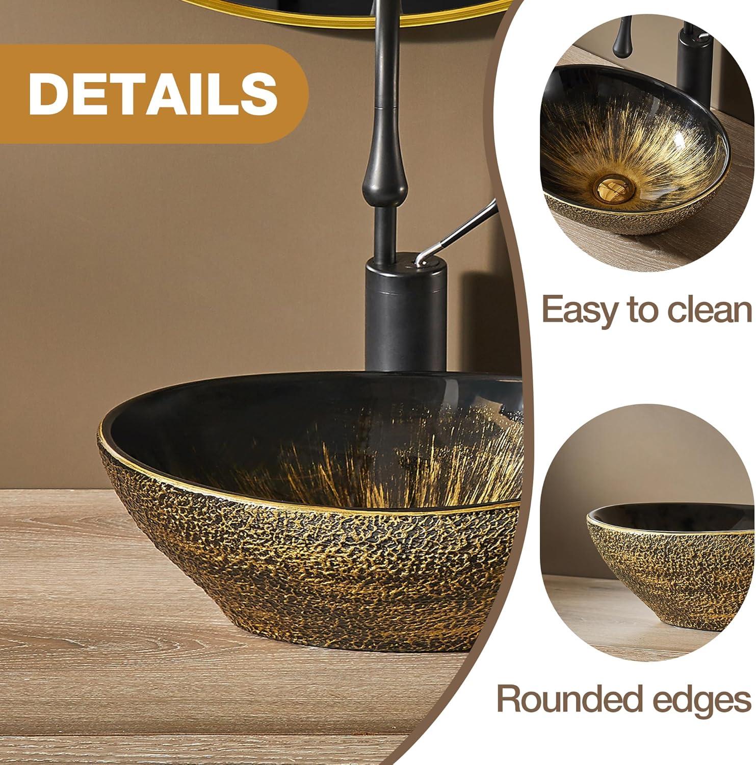 MEJE 16x13-Inch Oval Egg Shape Bathroom Vessel Sink, Antique Pattern Design, Above Counter Bathroom Vanity Bowl Basin, Vintage Gold