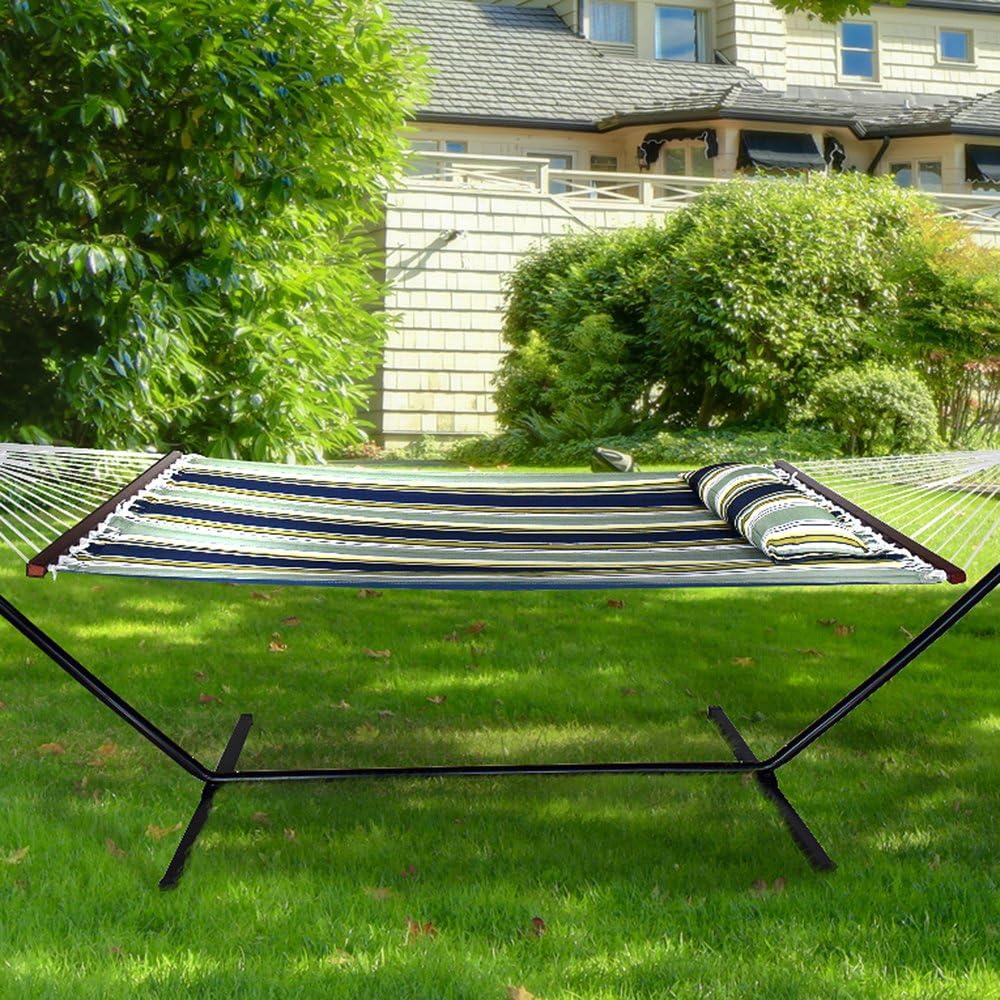 Blue and Green Striped Cotton Hammock with Stand and Pillow