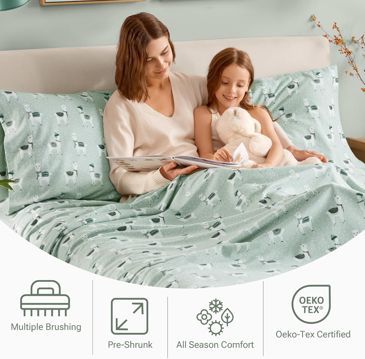 Sleep Philosophy True North Cozy Flannel Warm 100% Cotton Sheet - Novelty Print Animals Stars Cute Ultra Soft Cold Weather Bedding Set, Full, Seafoam Llama 4 Piece